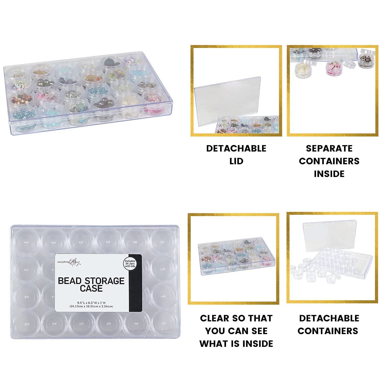 Everything Mary Large Plastic Bead Storage Organizer Box with 24 Jars - Craft Bead Organizer for Jewelry Making, Painting & Art Supplies - Clear Plastic Storage Container for Beads, Buttons & Small Crafts - Perfect for DIY Projects & Craft Room Organization