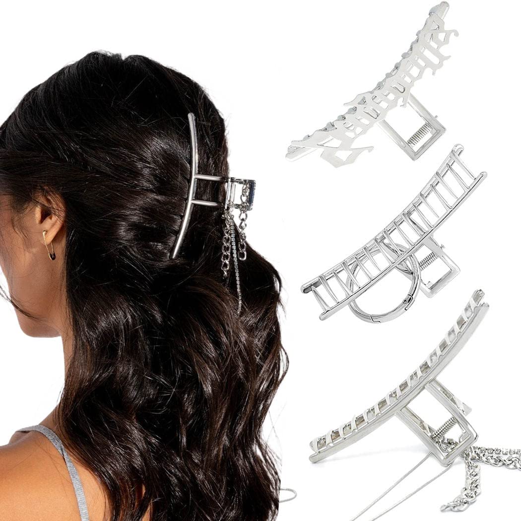 Stylish Punk Silver Hair Claw Clips with Tassel - 3PCS Large Non-Slip Metal Hair Clips for Women & Girls - Perfect for Outdoor Activities, Concerts, and Everyday Fashion