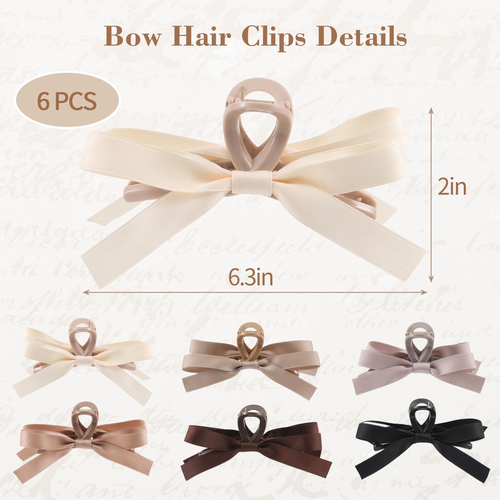 Auseibeely 6 PCS Silky Satin Bow Hair Clips - Non-Slip Hair Accessories for Women & Girls, Perfect for Thin & Thick Hair - Ideal for Weddings, Bridesmaids, Parties & Everyday Styling