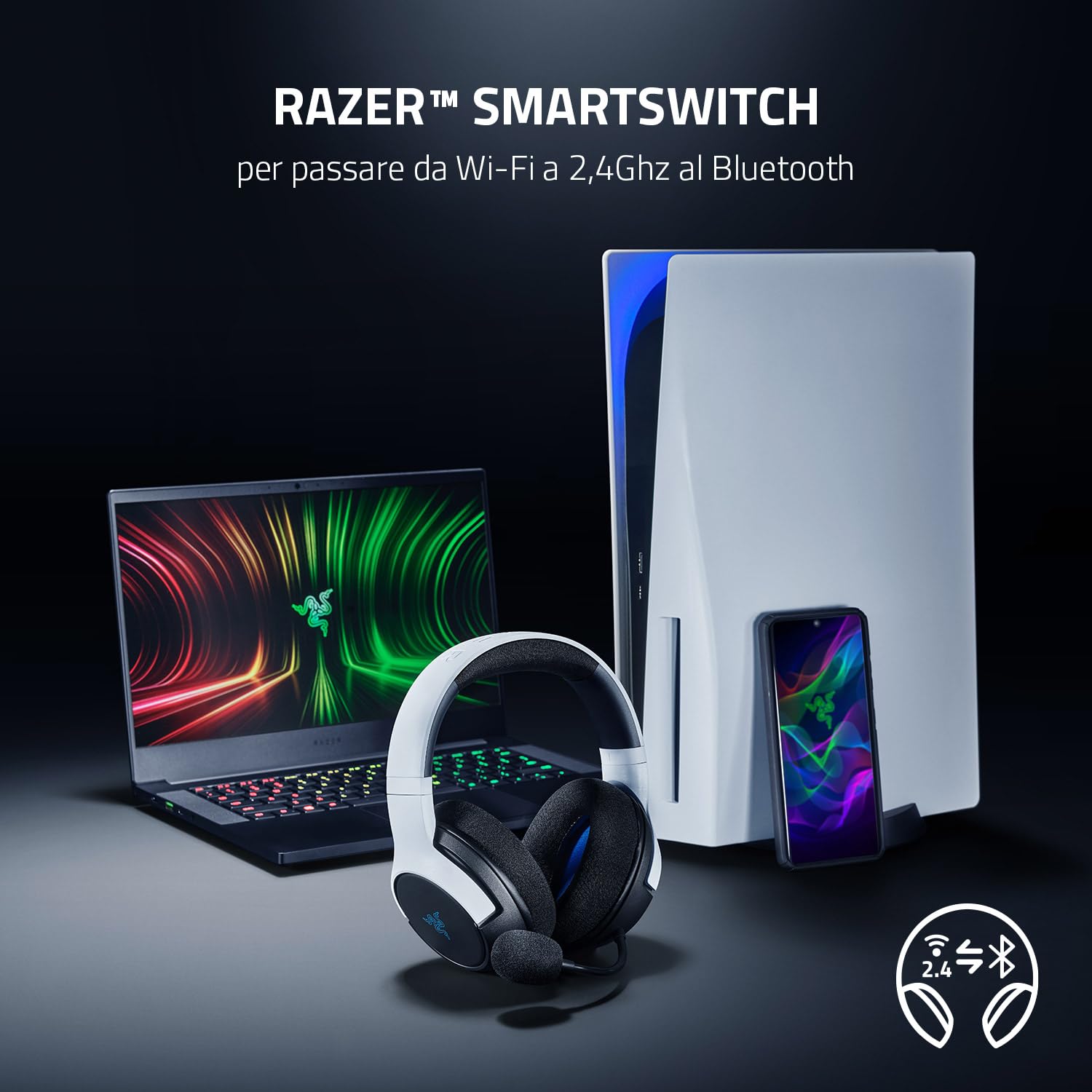 Razer Kaira Wireless Gaming Headset for PlayStation 5 - 50mm TriForce Titanium Drivers, HyperClear Cardioid Mic, SmartSwitch, FlowKnit Memory Foam - Black & White - Perfect for PS5 Gaming, Streaming & Online Chat