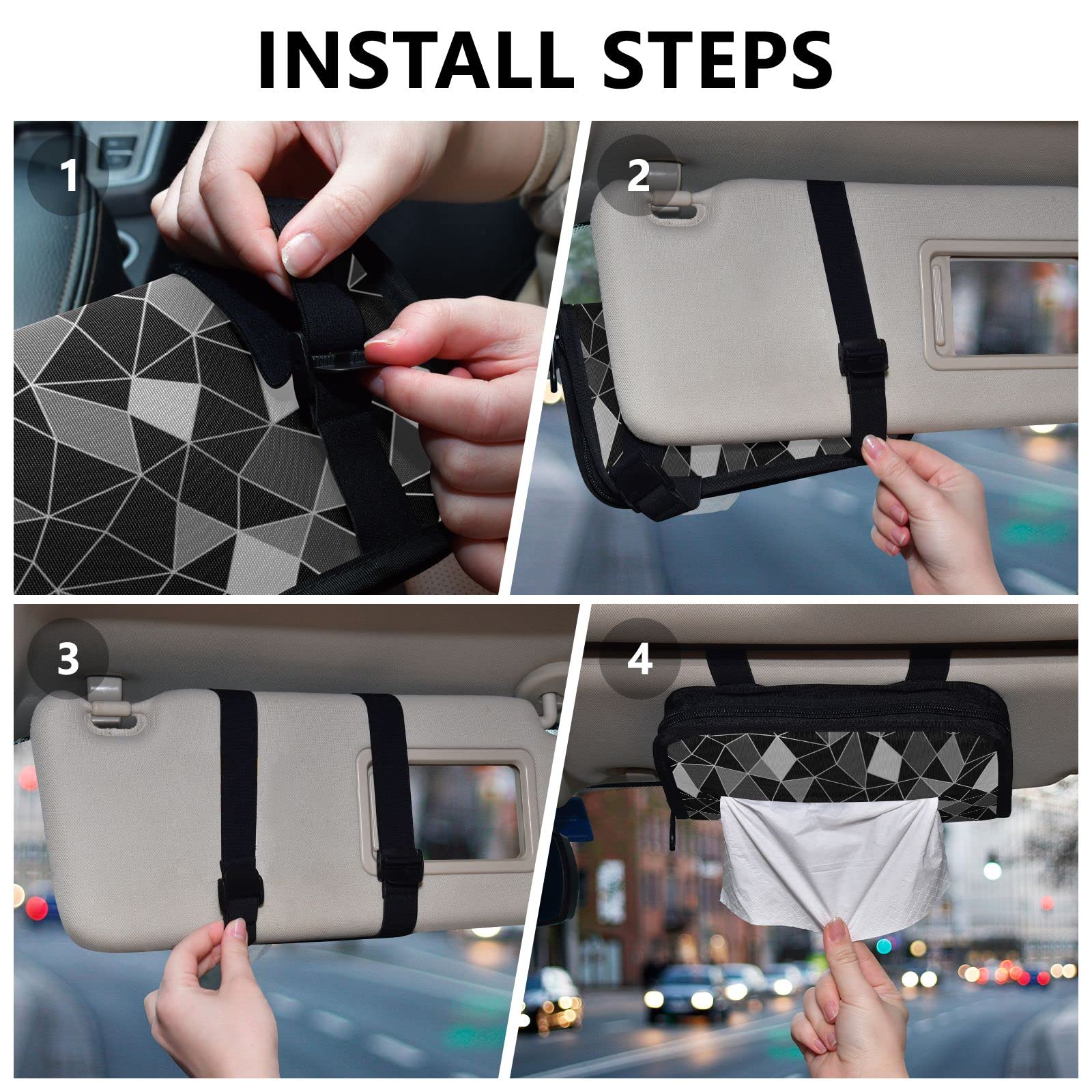 Geometric Black Grey Pattern Car Tissue Holder - Nylon Sun Visor Napkin & Mask Organizer - Car Tissue Box with Refill - Perfect for Road Trips & Daily Commutes