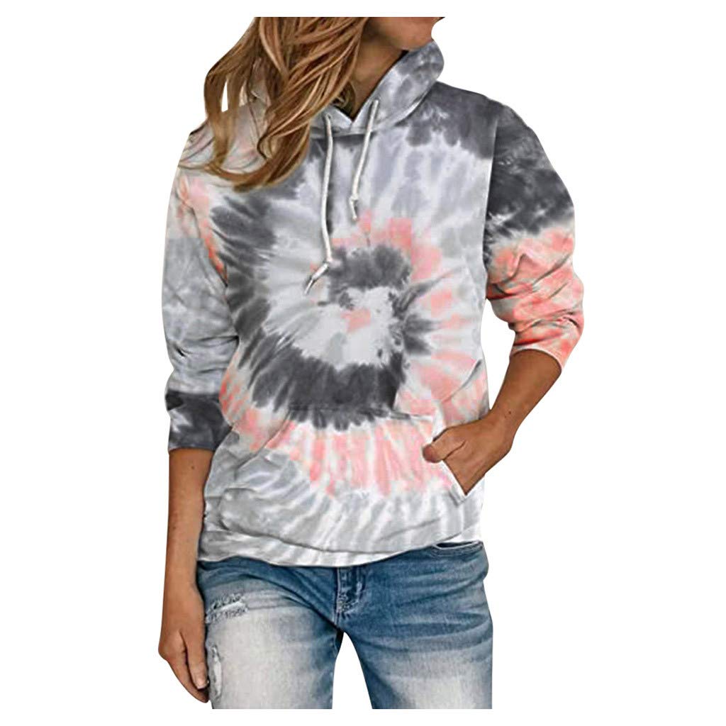 Women's Tie Dye Waffle Knit Long Sleeve Hooded Sweatshirt - Loose Fit Drawstring Pullover Top in Pink | Casual Streetwear, Loungewear & Winter Fashion