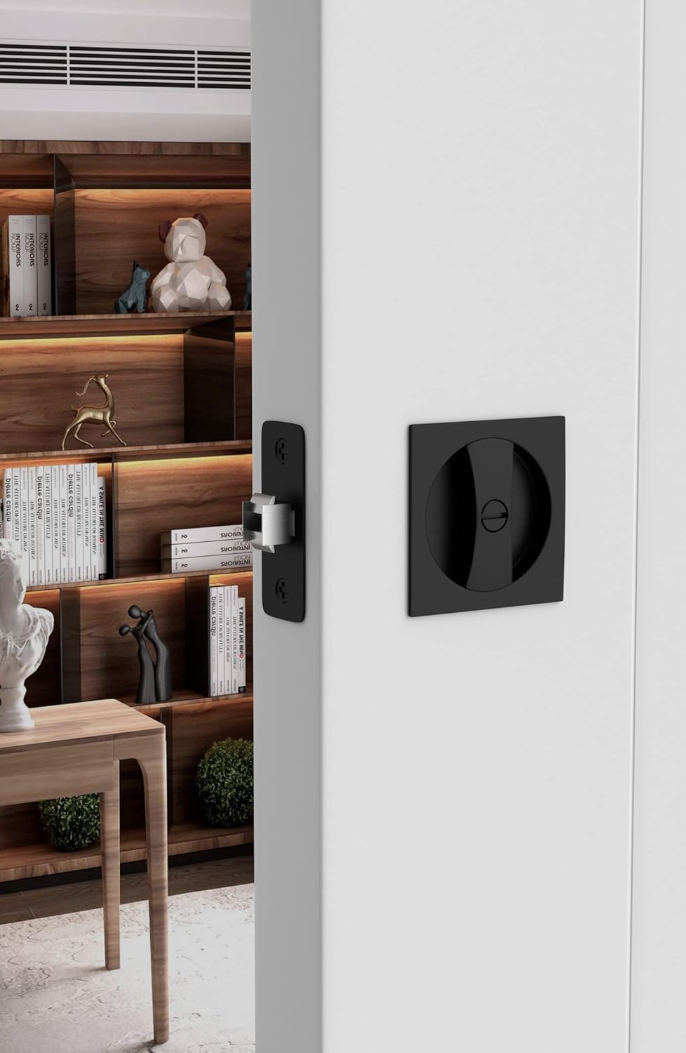 GoldenWarm 2 Pack Matte Black Pocket Door Lock for Bedroom & Bathroom - Contemporary Square Privacy Hardware with Flush Latch (2-3/8