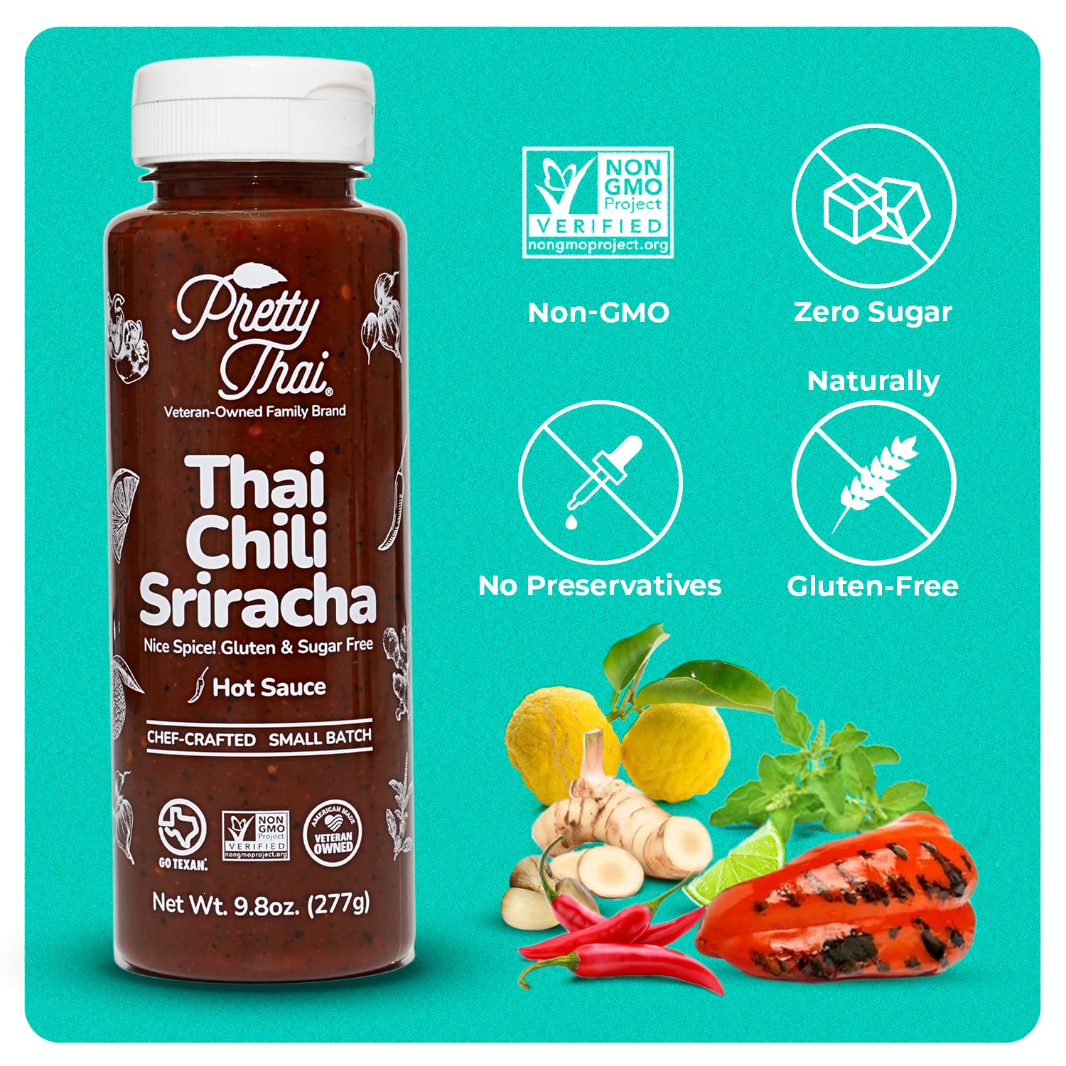 Premium Thai Chili Sriracha Hot Sauce - Authentic Asian Spicy Sauce for Stir Fry, Marinades & Dipping | Non-GMO, Gluten Free, Sugar Free, Vegan, All Natural Ingredients (9.8oz/277g) | Perfect for Asian Cuisine, BBQ, Burgers & Cooking at Home