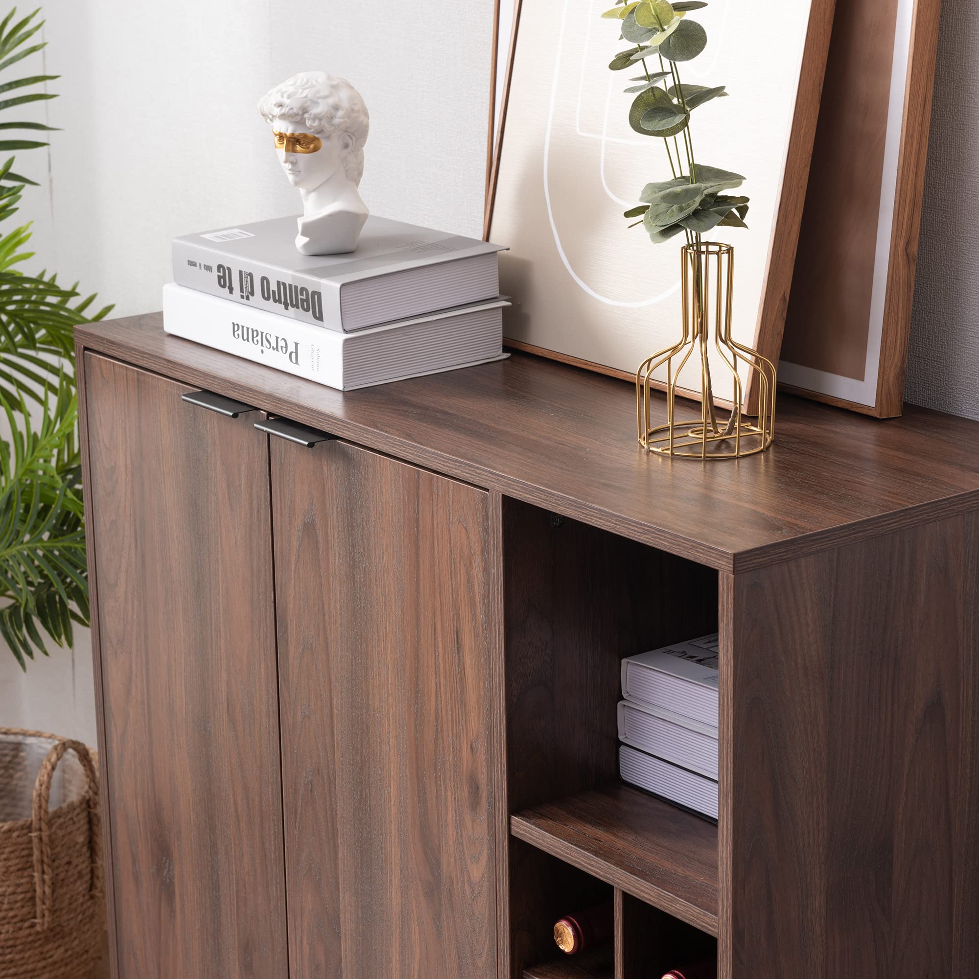 Harper & Bright Designs 34 Inch Dark Brown Sideboard Buffet Cabinet with Storage, Wine Racks & Coffee Bar - Perfect for Dining Room, Living Room & Home Office Organization
