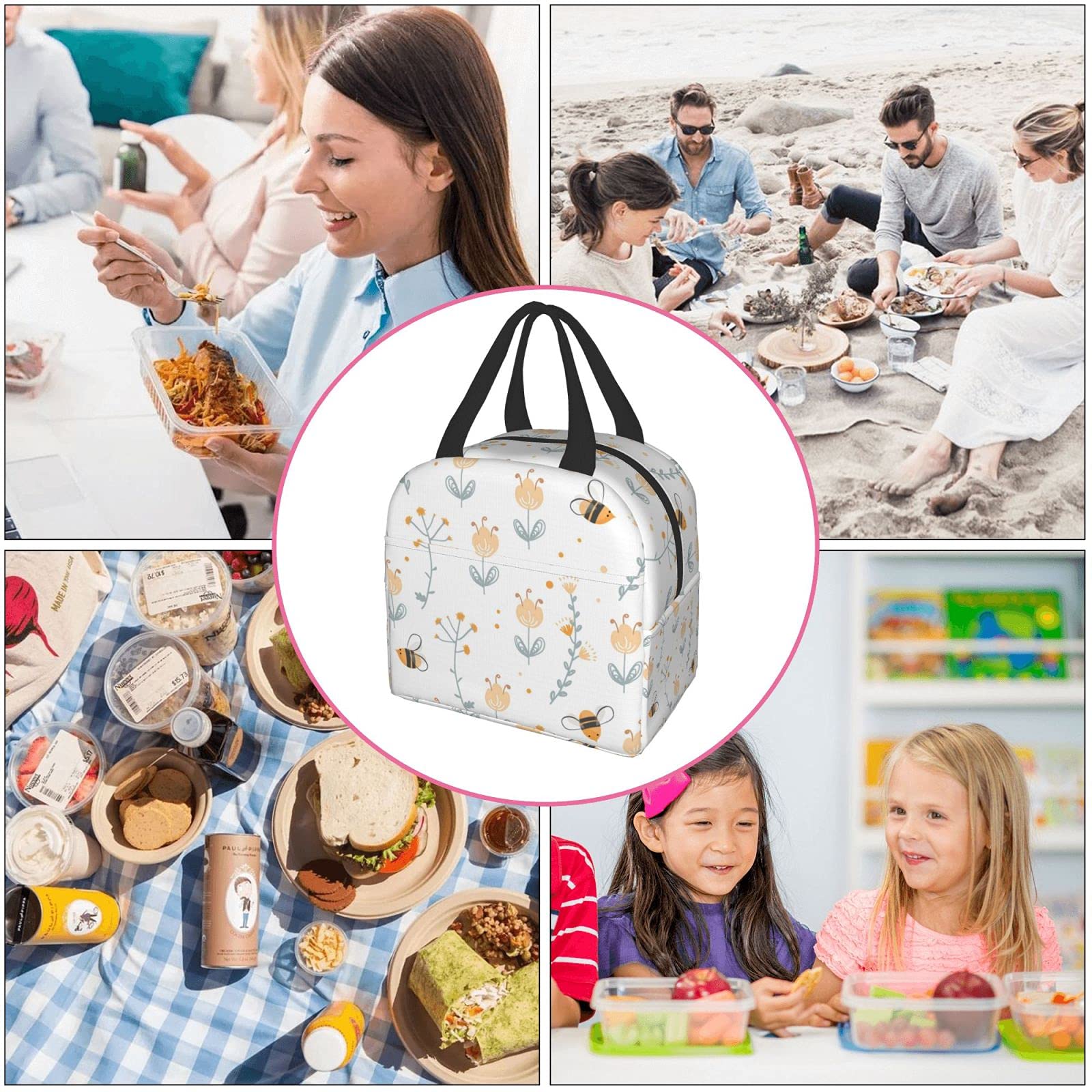 Insulated Reusable Lunch Bag with Front Pocket - Leakproof Cooler Tote for Women & Men - Perfect for Office, Work, Picnic & Outdoor Activities - Cute Bee Design