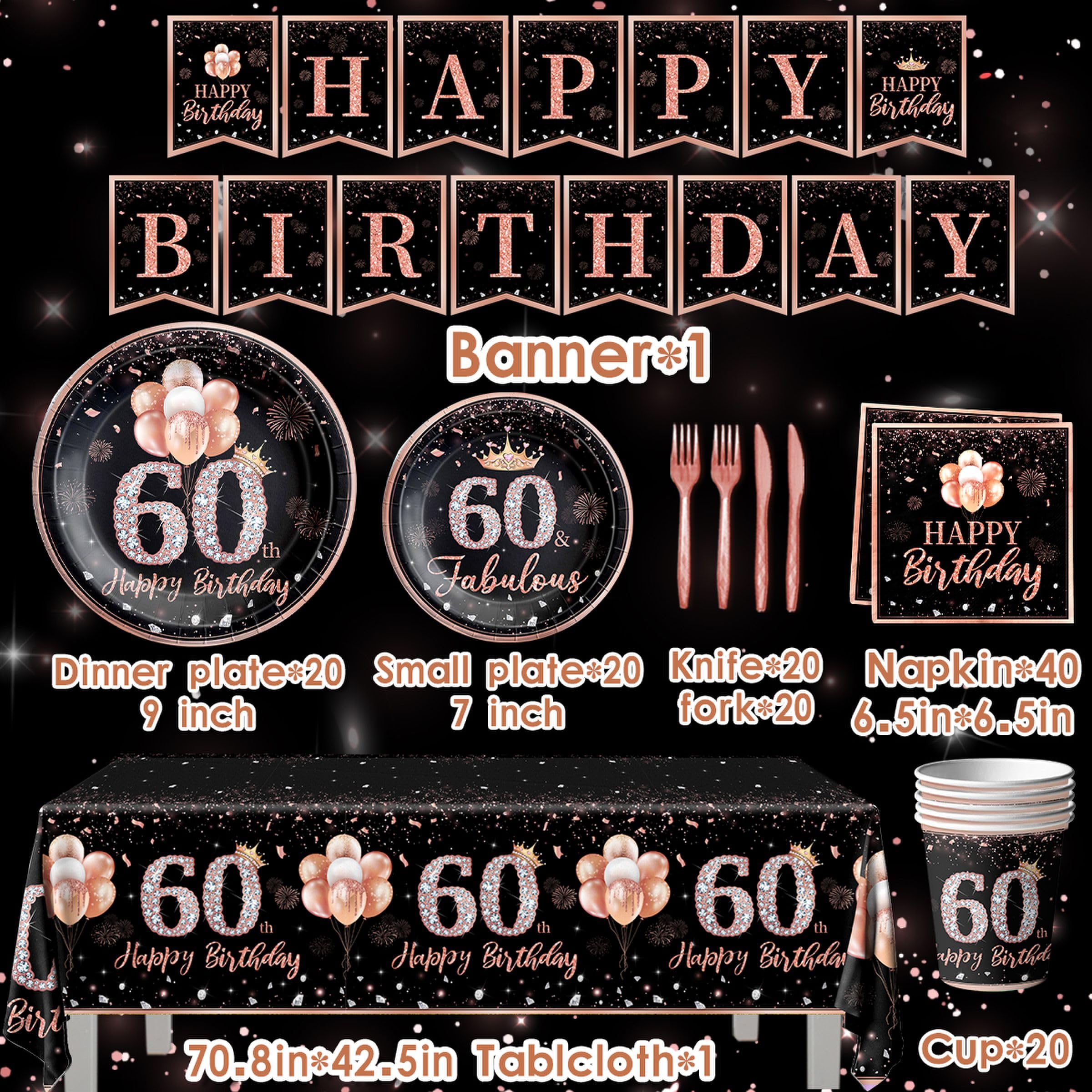 142Pcs Rose Gold 60th Birthday Party Tableware Set - Disposable Tablecloth, Plates, Napkins, Cups, Forks & Knives for Women's 60 Years Old Celebration - Perfect for Themed Decorations, Retirement Parties & Milestone Birthday Events