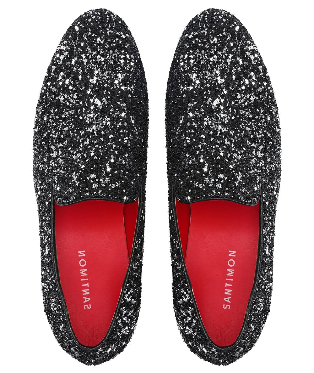 Santimon Men's Slip-On Loafers with Metallic Sequins - Glitter Dress Shoes for Nightclub, Wedding & Prom - Comfortable Luxury Loafers for Formal Events & Evening Parties