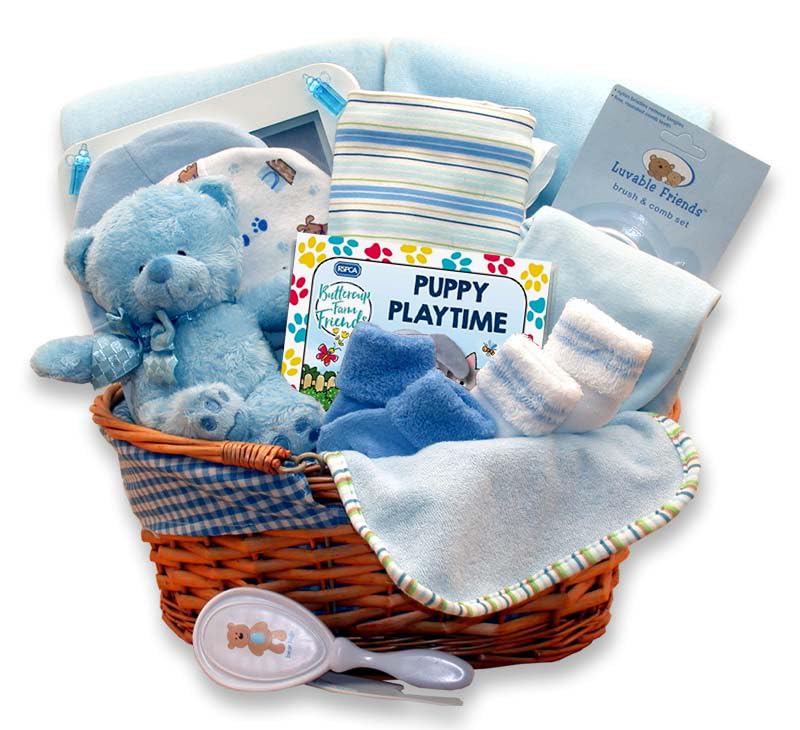 Baby Boy Gift Basket - Newborn Essentials Set with Blanket, Onesies & More - Perfect Baby Shower Gift & Welcome Home Present for New Parents