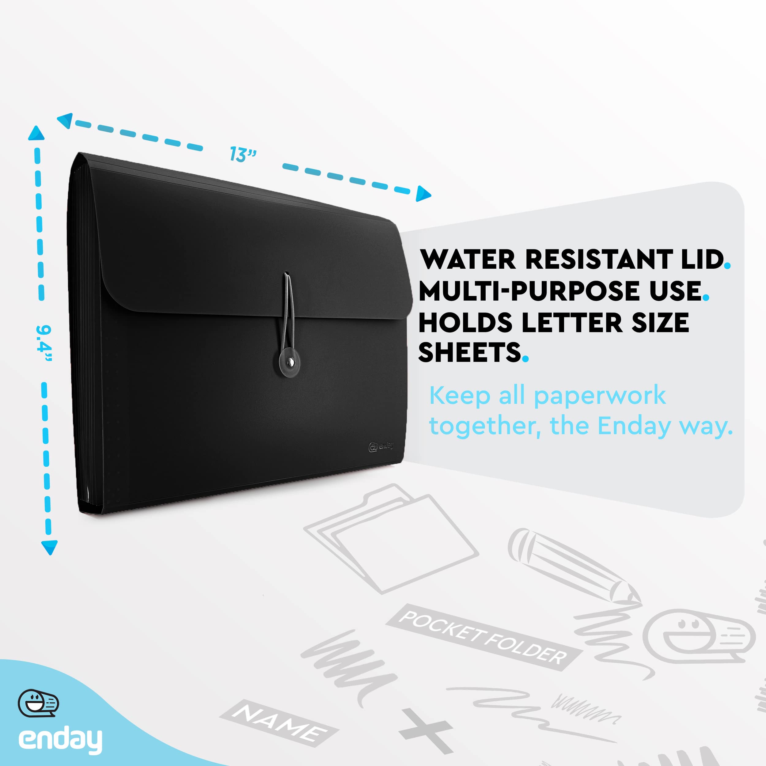 Enday 13-Pocket Accordion File Organizer - Black Expanding Folder with Labels for A4 Letter Paper, Portable Plastic Desktop Document Storage | Perfect for Office, School, and Home Organization