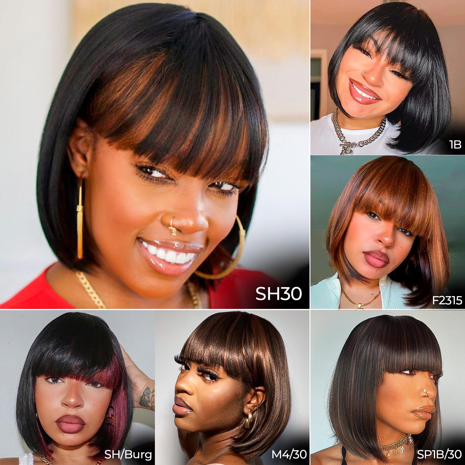 ToyoTress 12 Inch Short Bob Wig with Bangs - Peek-a-boo Black Mix Brown Synthetic Heat Resistant Wig for Black Women | Light Yaki Straight Hair | Daily Wear & Costume Use (SH30-612H)