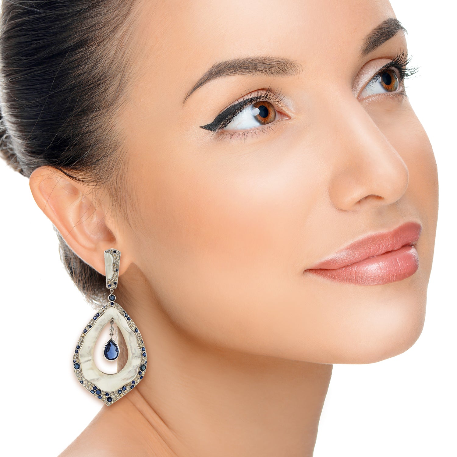 18K White Gold Fancy Cut Mother of Pearl Bezel Blue Sapphire Kyanite Pave Diamond Dangle Earrings - Perfect for Weddings, Parties & Special Occasions