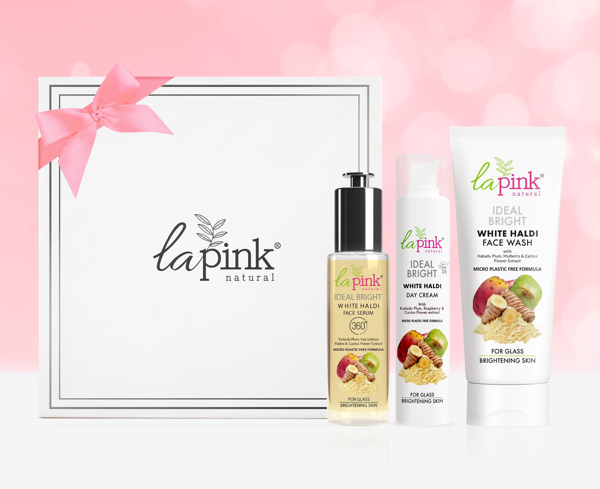 La Pink Ideal Bright Face Brightening Gift Box Set - Face Wash, Serum & SPF 15 Day Cream | Dark Spot Treatment for Even Skin Tone & Radiant Glow | 100% Microplastic Free Skincare Trio | Perfect for Daily Routine, Travel & Gift Giving