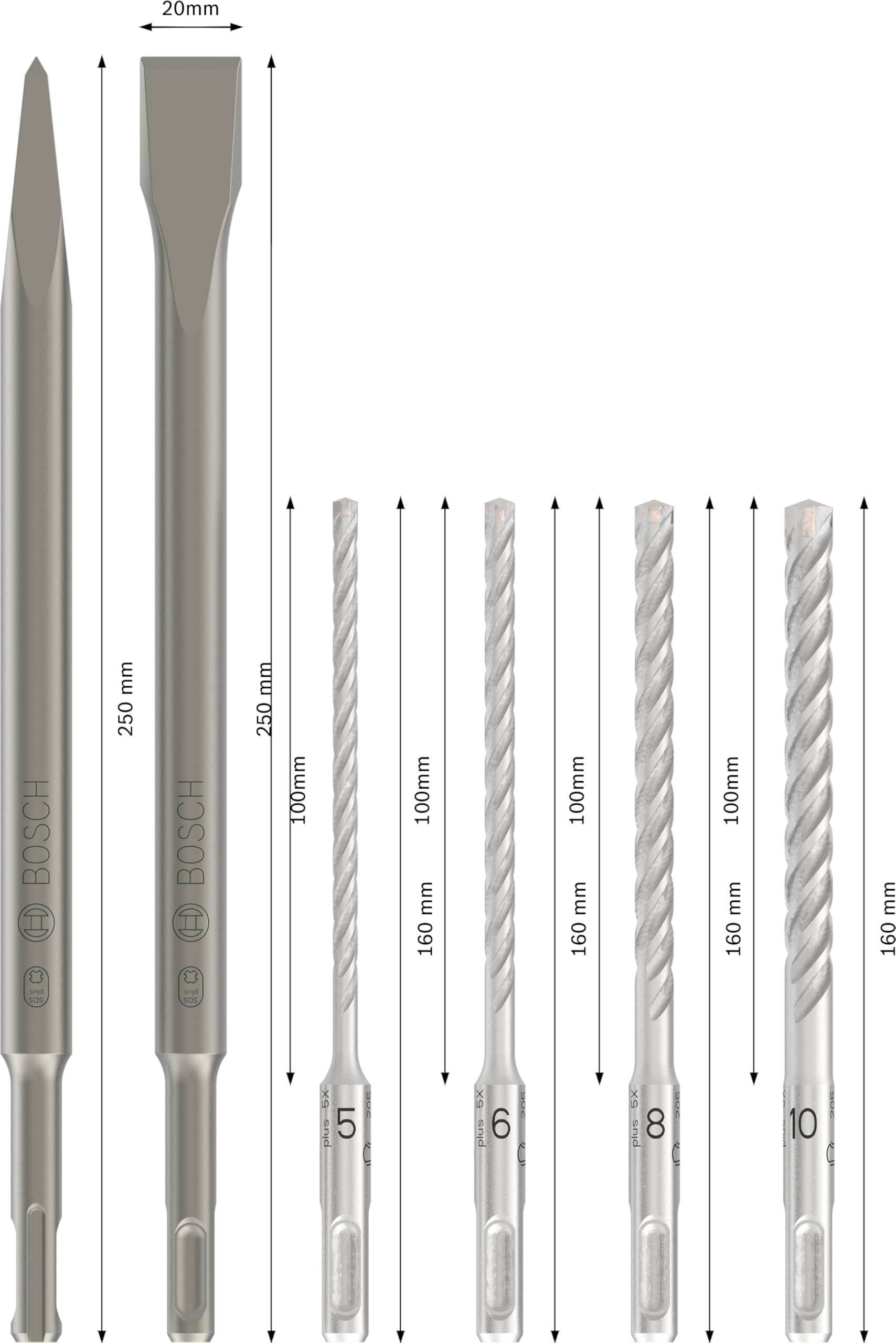 Bosch SDS Plus-5 Drill Bit Set for Concrete & Masonry - 6pc Hammer Drill Accessories for Professional Use
