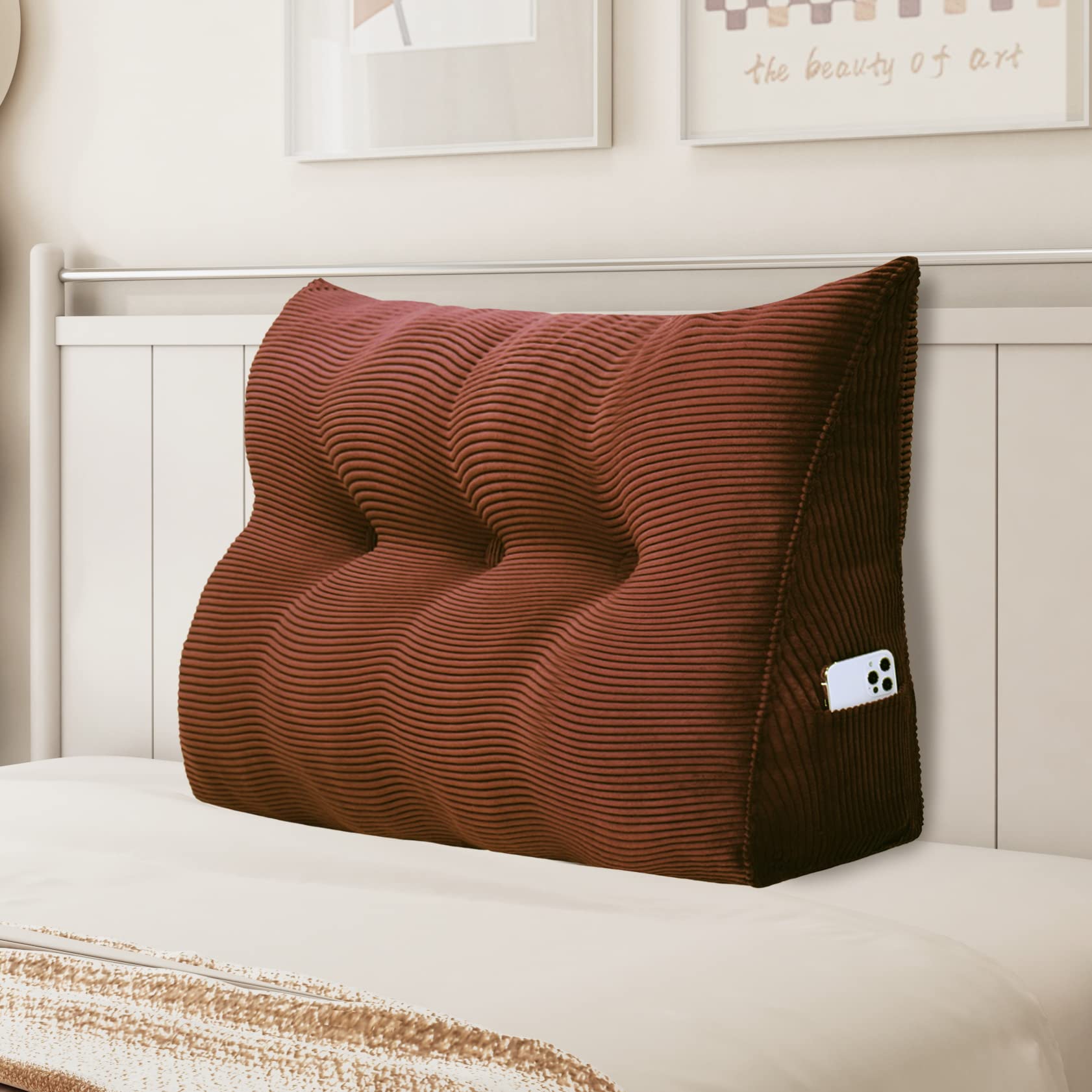 YXCSELL Large Corduroy Wedge Pillow for Back Support - Headboard & Bolster Pillow with Lumbar Positioning, Upholstered Triangle Cushion for Bed, Sofa & Reading (Brown, Twin Size) - Perfect for Sitting Up in Bed, Back Pain Relief & Comfortable Lounging