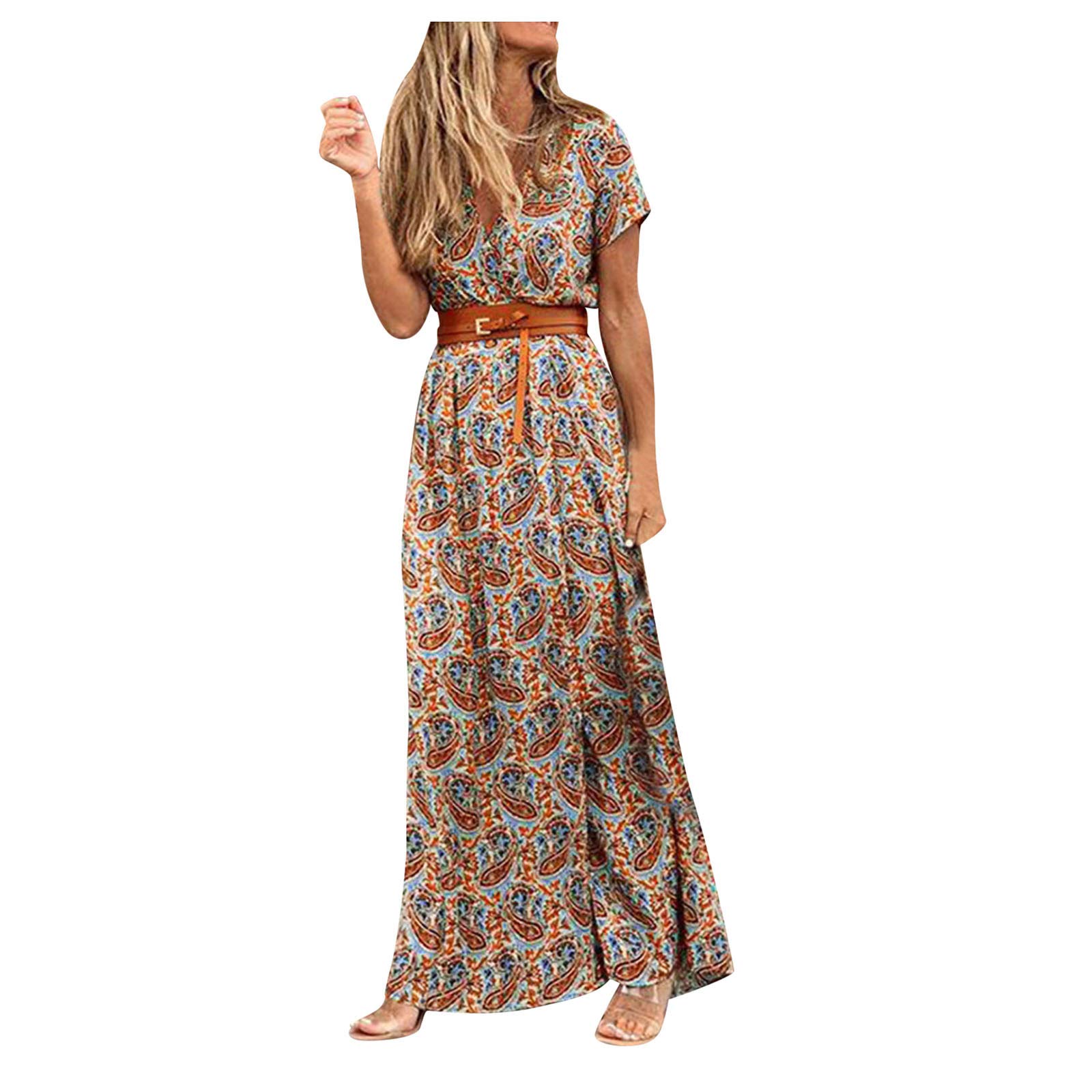 Women's Floral Maxi Dress - Short Sleeve Boho Party & Casual Long Dress for Evening Outings, Beach Vacations & Summer Festivals