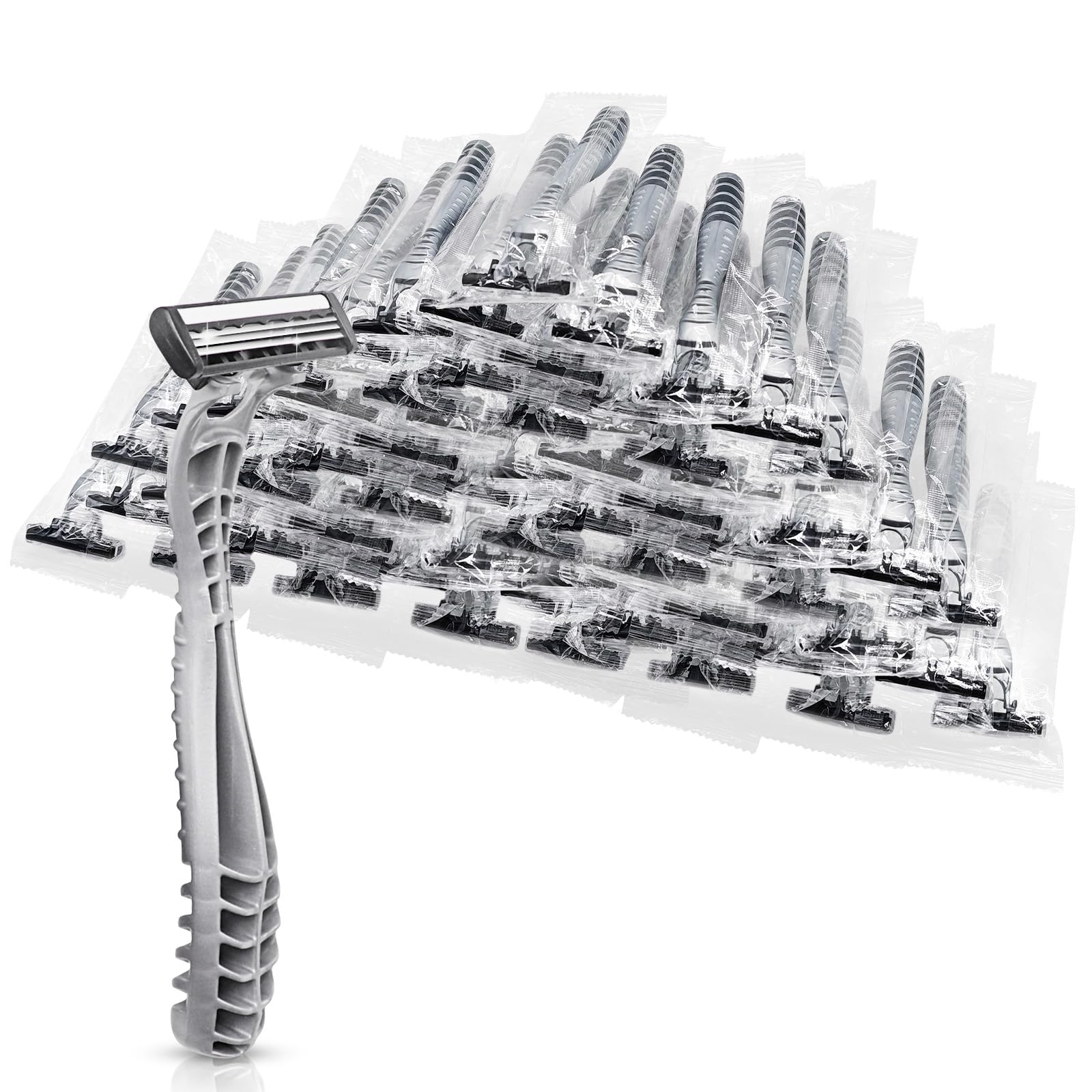 (50 Pack) Kheoxusa Triple Blade Disposable Razors - Individually Wrapped for Hygiene - Perfect for Travel, Hotels, Airbnb, Tattoo Aftercare & Grooming - Silver