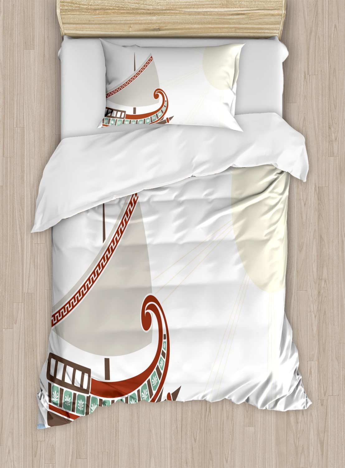 Ambesonne Retro Duvet Cover Set - Ornate Ship on Greek Style Ocean Waves Design, Faded Sun Print, 2-Piece Twin Size Bedding Set with 2 Pillowcases (Pale Blue Redwood Umber) - Perfect for Coastal, Nautical or Vintage Themed Bedrooms
