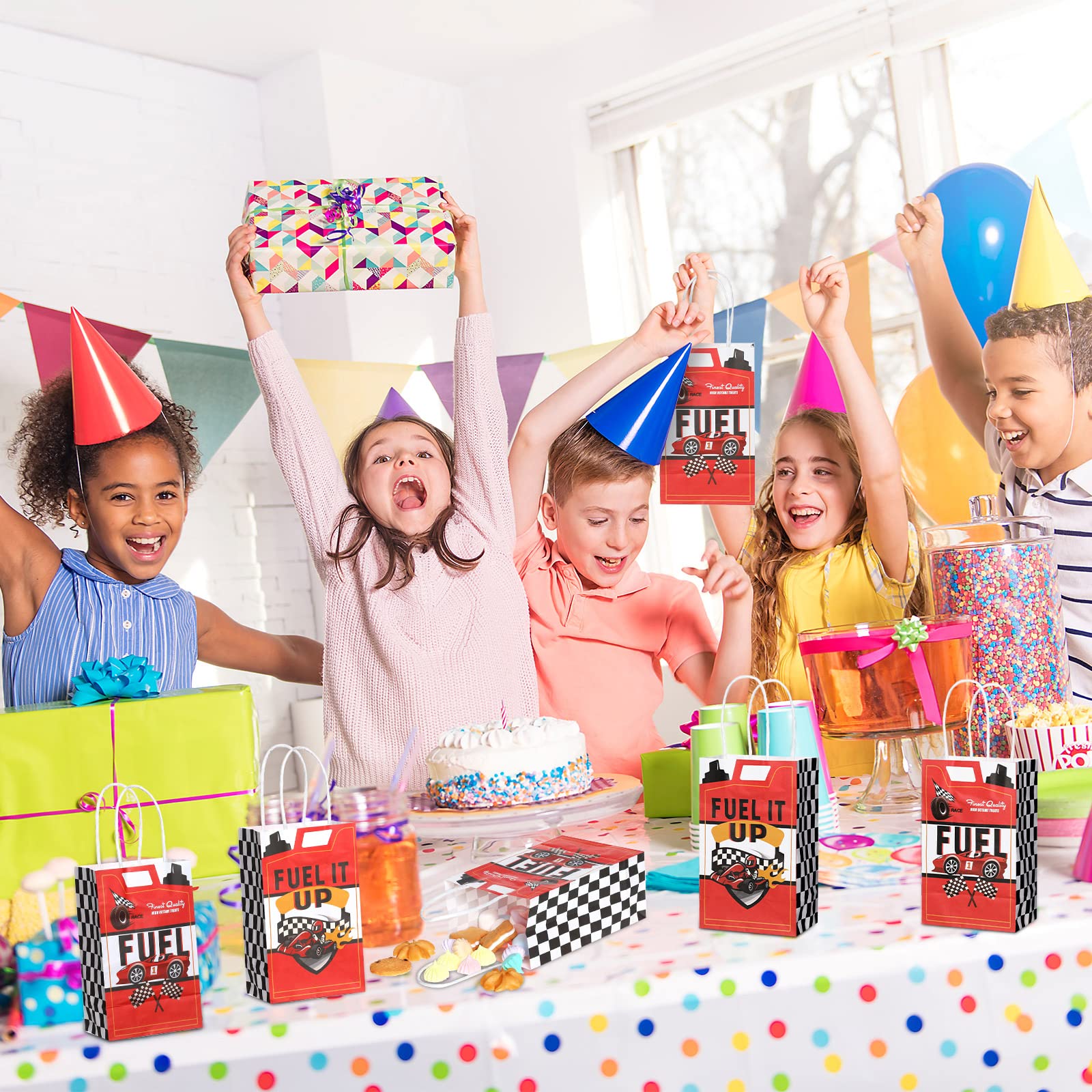 Pajean Race Car Themed Party Favor Bags - 16 Pack with Handles for Birthday, Baby Shower & Racing Decorations - Perfect for Goodie Bags, Gift Wrapping & Themed Party Supplies | Great for Kids' Birthday Parties, Baby Showers & Race Car Themed Events