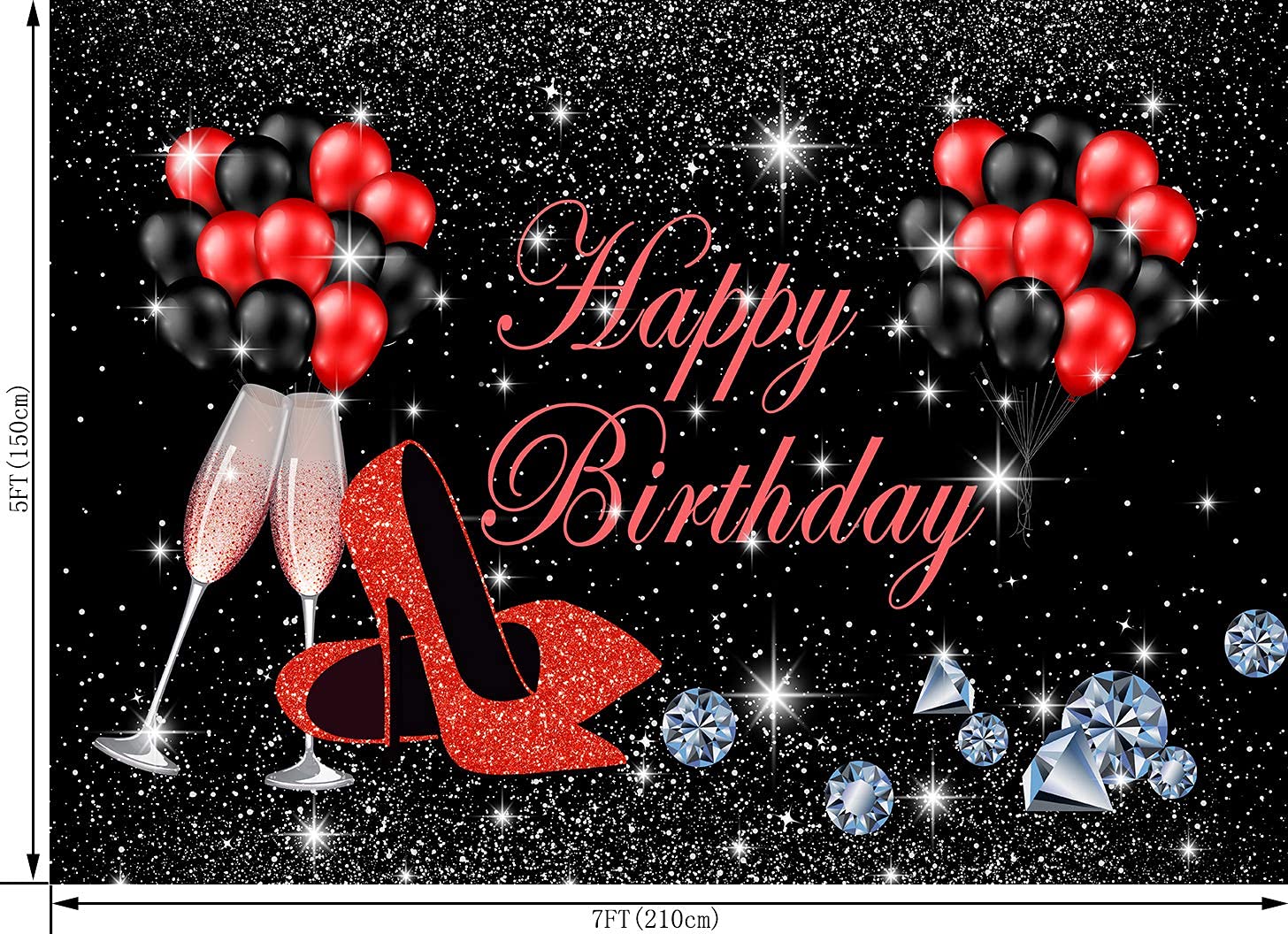 Silver & Black Happy Birthday Photography Backdrop with High Heels, Champagne Glasses & Red Balloons - 7x5ft Party Background for Women's Birthday, Photo Studio Booth Props - Perfect for Adult Celebrations, Bachelorette Parties & Social Media Photos