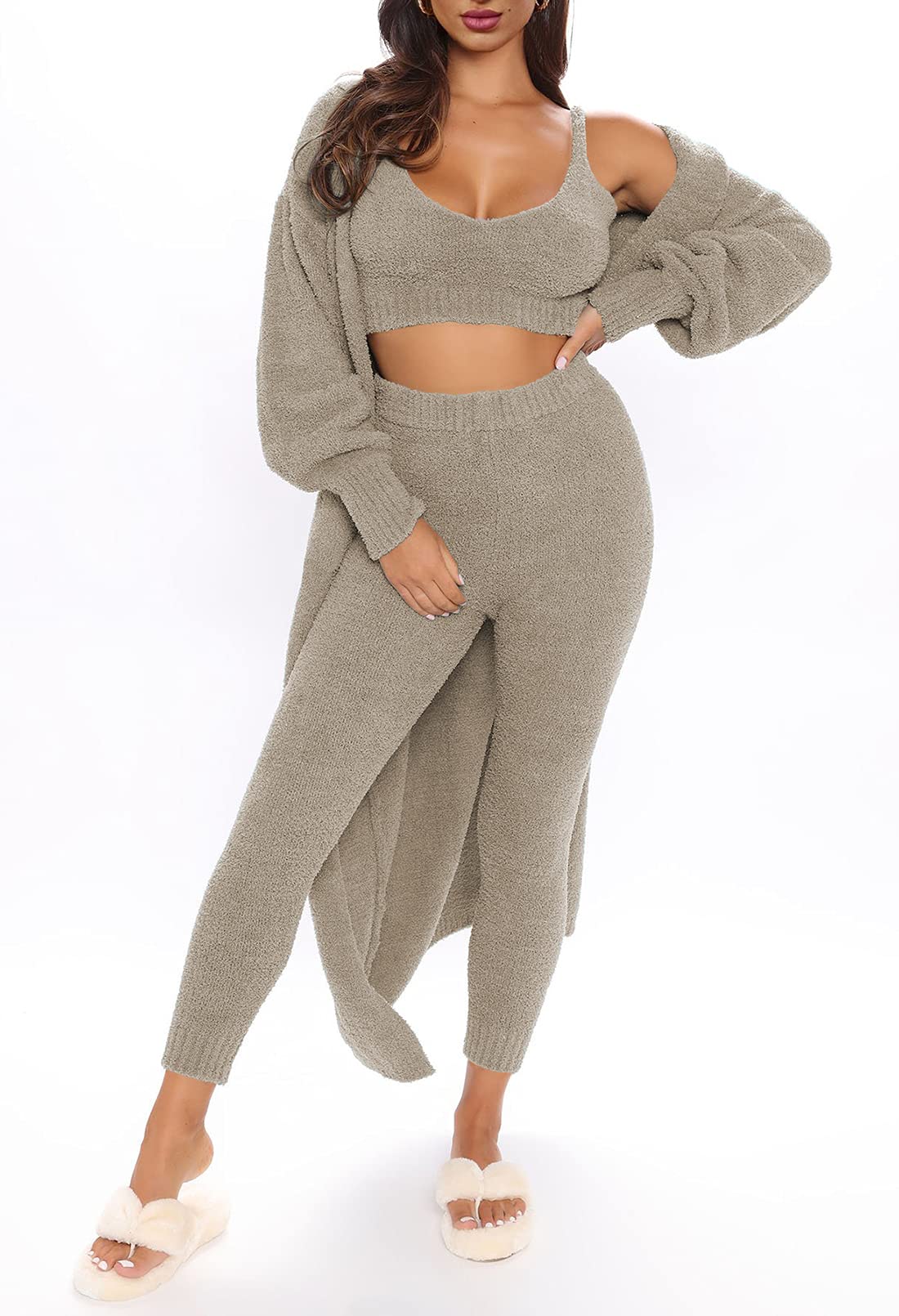TOLENY Women's 3-Piece Fuzzy Lounge Set - Open Front Cardigan, Crop Tank Top & Wide Leg Pants | Cozy Loungewear for Home, Yoga & Casual Outings