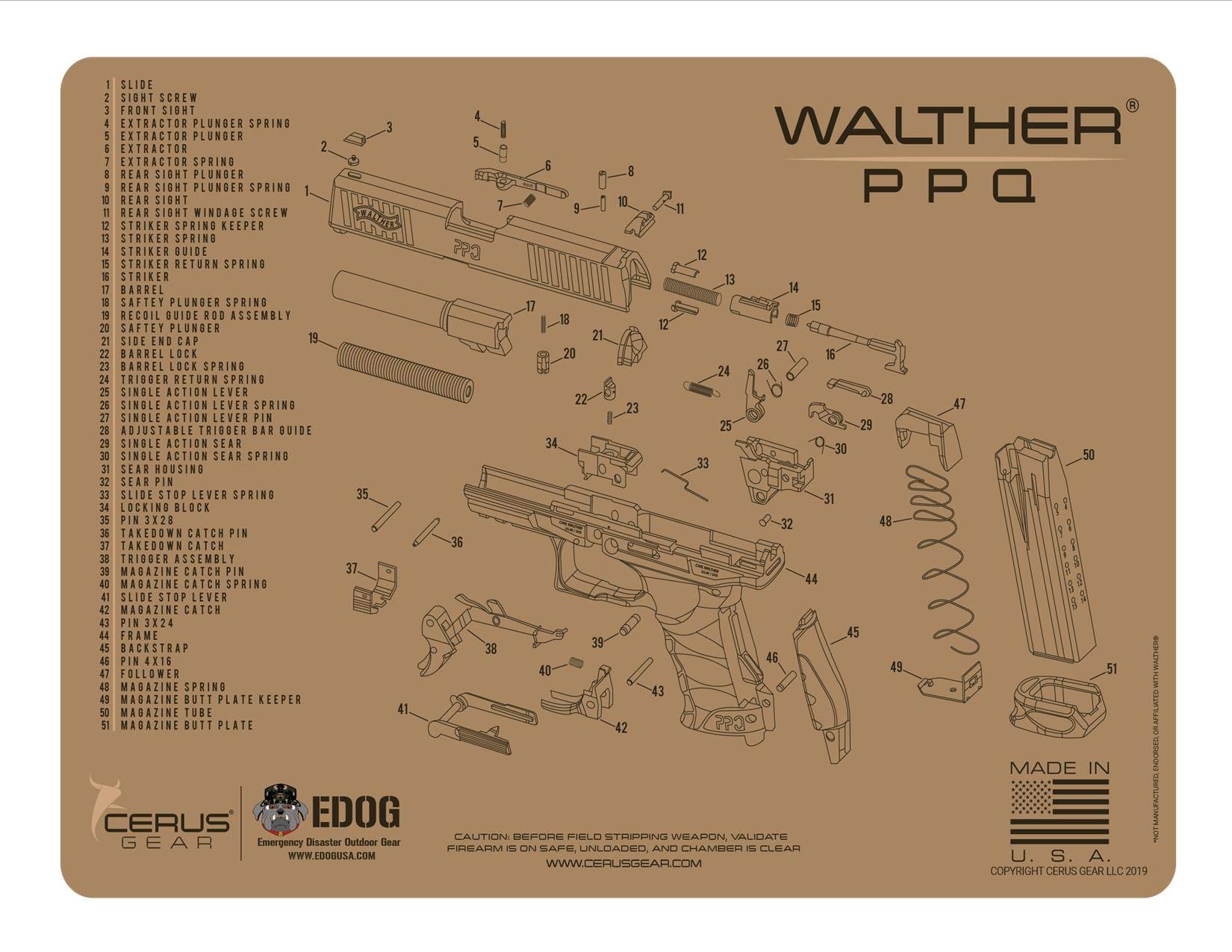 EDOG PPQ Gun Cleaning Mat - Tan Schematic (Exploded View) Diagram for Walther PPQ TAN Series Pistols | 3mm Padded Non-Slip Pad | Protects Firearms, Magazines & Workbenches | Oil & Scratch Resistant | Perfect for Gun Maintenance, Cleaning & Repair Stations