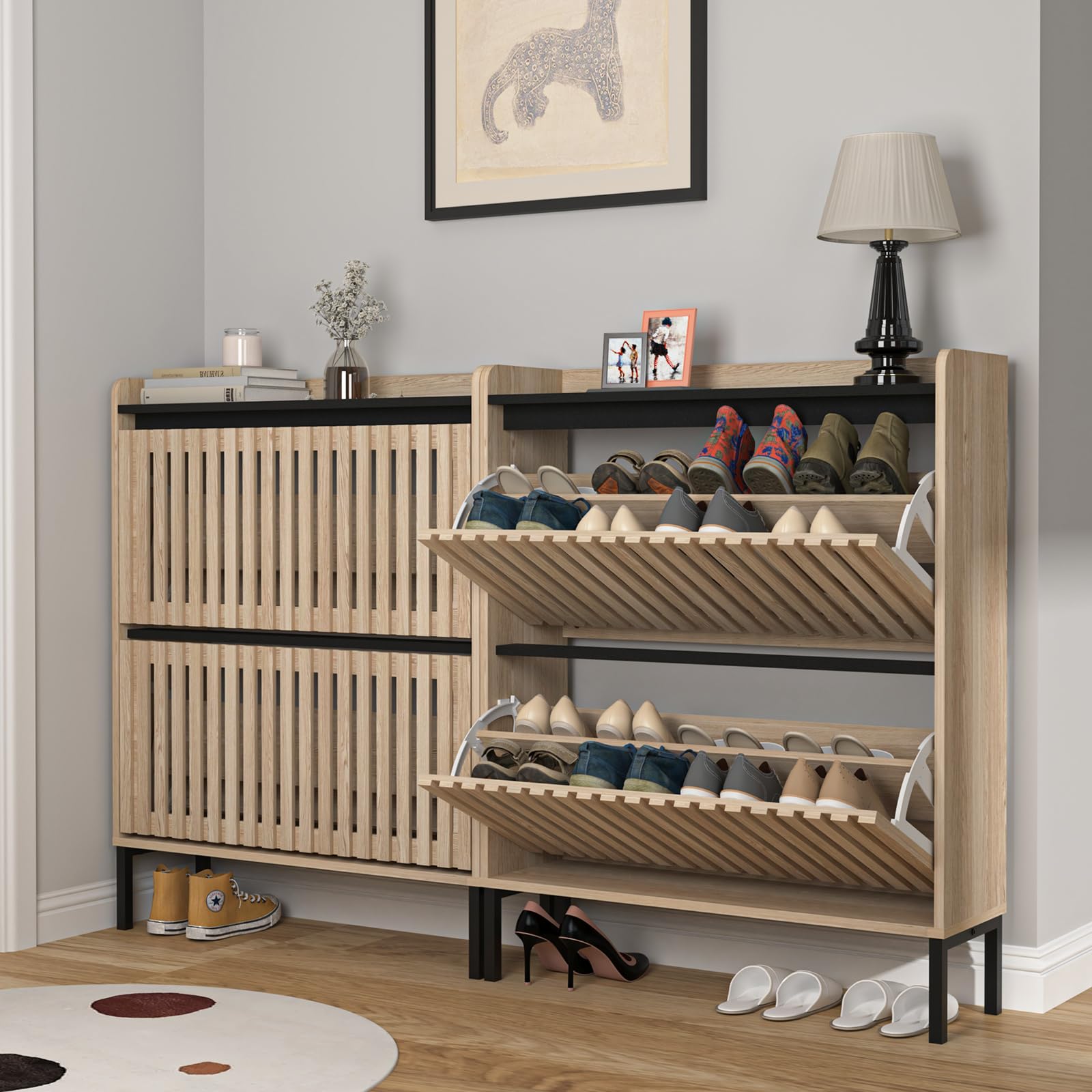 Slim Hidden Shoe Storage Cabinet with 2 Flip Drawers - Space Saving Entryway Shoe Organizer with Metal Legs for Hallway, Living Room & Bedroom - Perfect for Small Apartments & Closet Organization