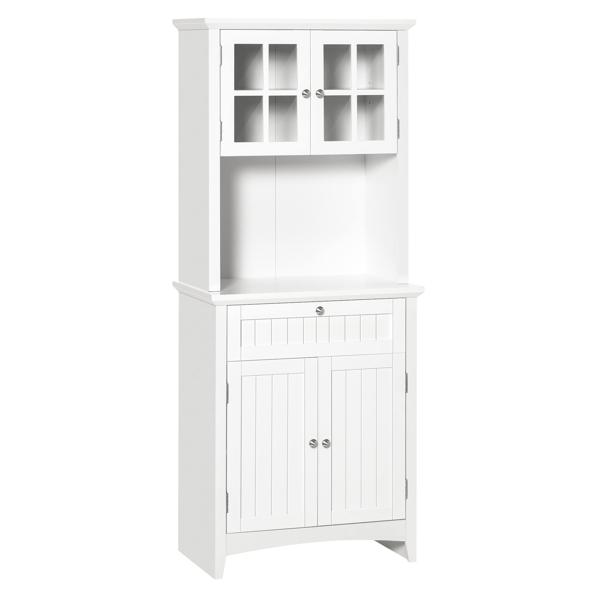 HOMCOM Wooden Kitchen Cupboard with Glass Door & Drawer - Microwave Storage Cabinet for Dining Room & Living Room - White - Perfect for Small Space Organization & Home Decor