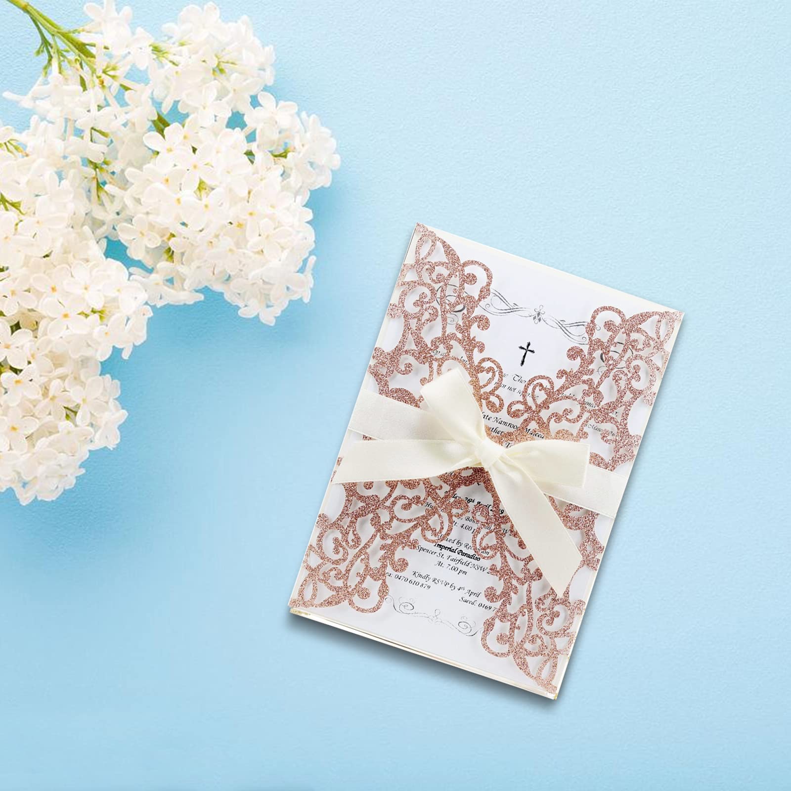 25PCS Rose Gold Wedding Invitations Set - Elegant Laser Cut Floral Design with Gold Powder, Blank Inner Sheets, Envelopes & Ribbons for Wedding, Engagement, Bridal Shower Parties | Perfect for Formal Events & DIY Invitations