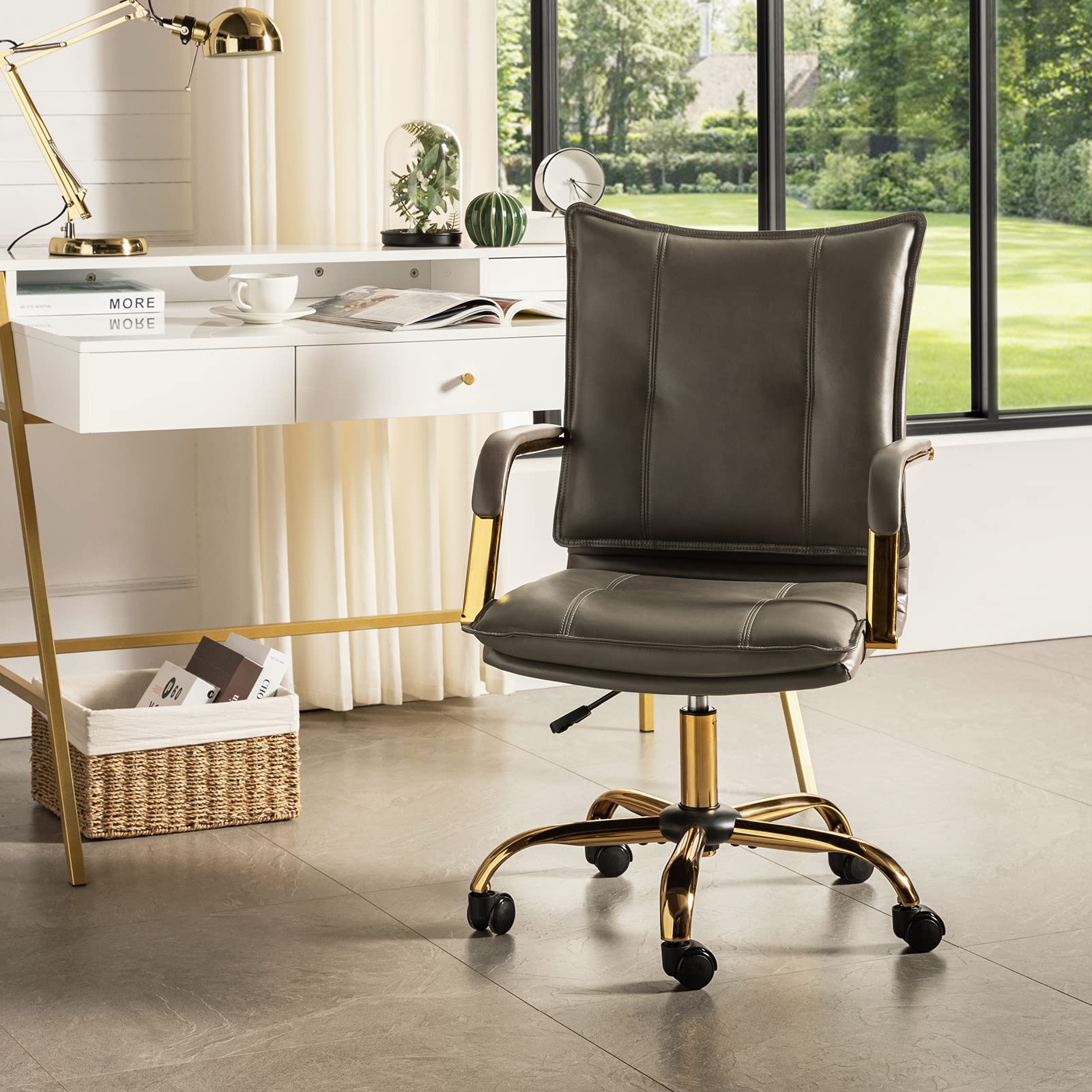 HULALA HOME Faux Leather Office Chair with Adjustable Height & Swivel Base - Golden Legs & Arms, Ergonomic Computer Desk Chair for Home & Office, Grey - Perfect for Workstations, Gaming & Study Spaces