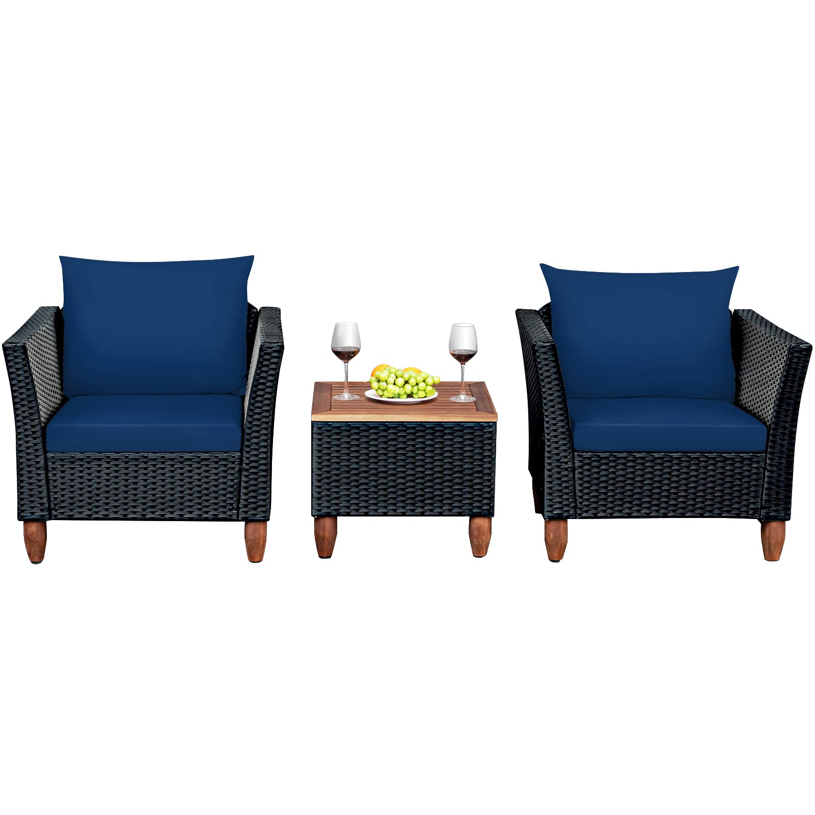 Happygrill 3-Piece Patio Conversation Set - PE Rattan Wicker Sofa Set with Weather-Resistant Cushions & Acacia Wood Coffee Table - Outdoor Furniture for Balcony, Backyard, Porch, Garden - Perfect for Relaxing, Entertaining & Enjoying Outdoor Living