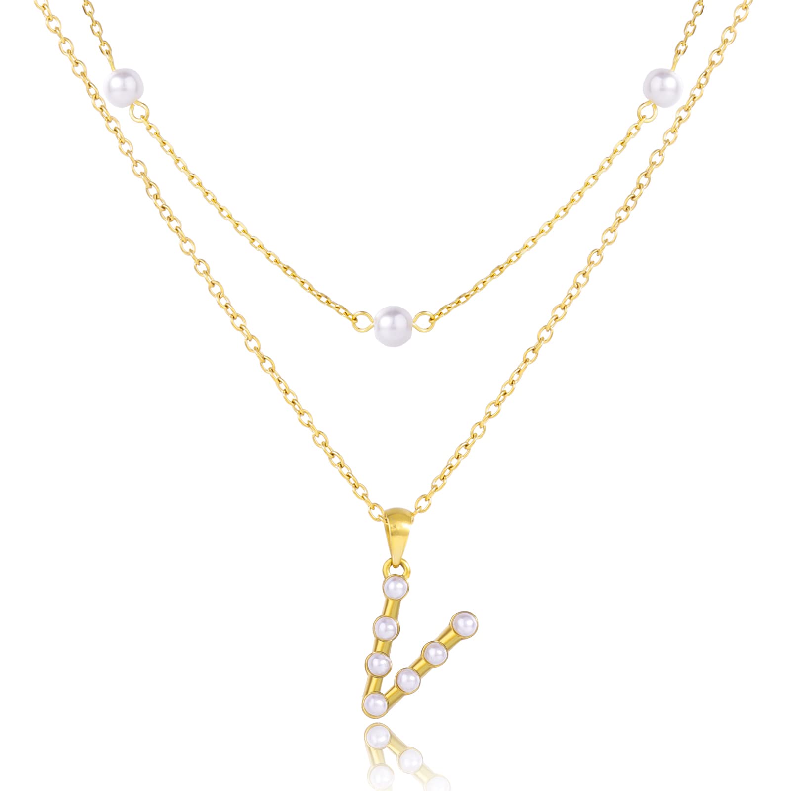 14K Gold Pearl Initial Necklace for Women & Girls - Trendy Dainty Letter Necklace Jewelry Gift for Teens - Layered Link Chain Necklace for Everyday Wear, Birthday & Anniversary Gifts