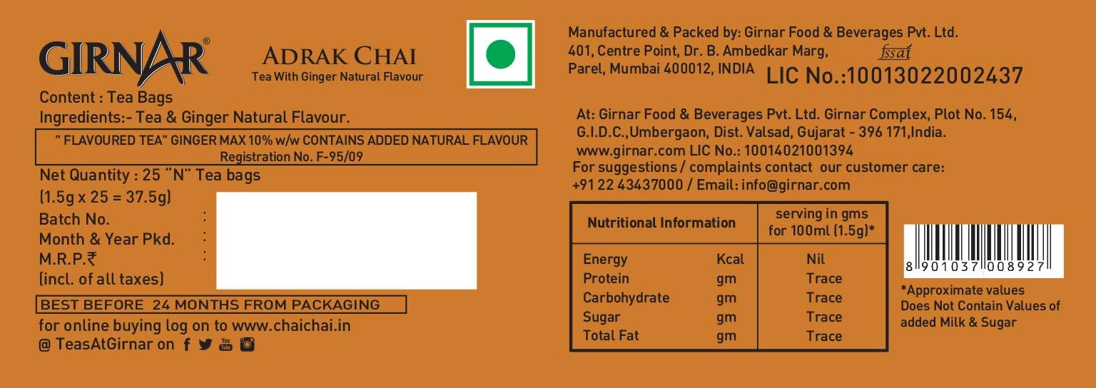 Girnar Adrak Ginger Tea Bags - 25 Count | Natural Herbal Tea for Digestion & Immunity | Perfect for Morning Boost & Cold Relief