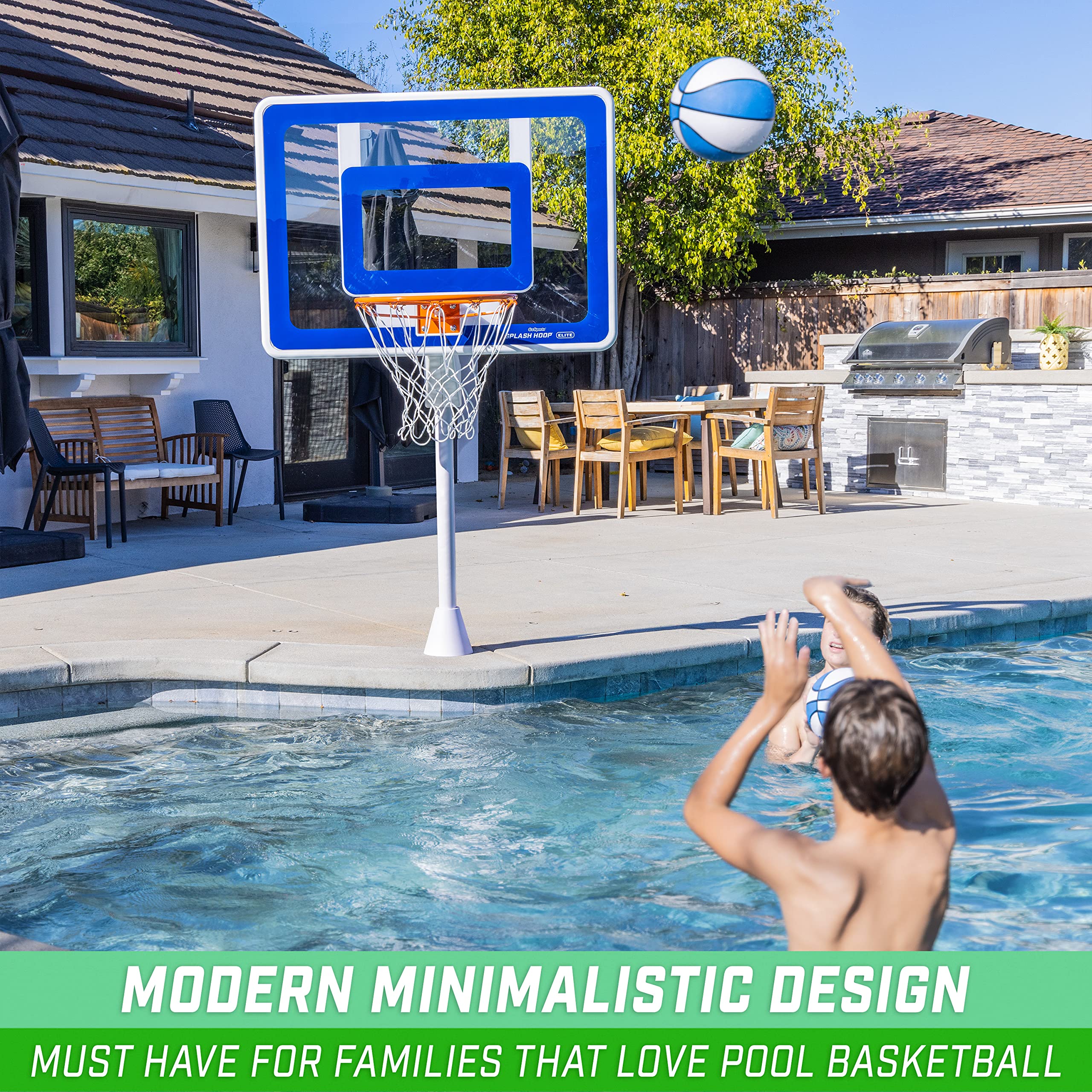 GoSports Elite Inground Pool Basketball Game - Deck-Mounted Splash Hoop with Regulation Rim, Includes 2 Basketballs & Pump - Perfect for Backyard Pool Parties & Summer Fun