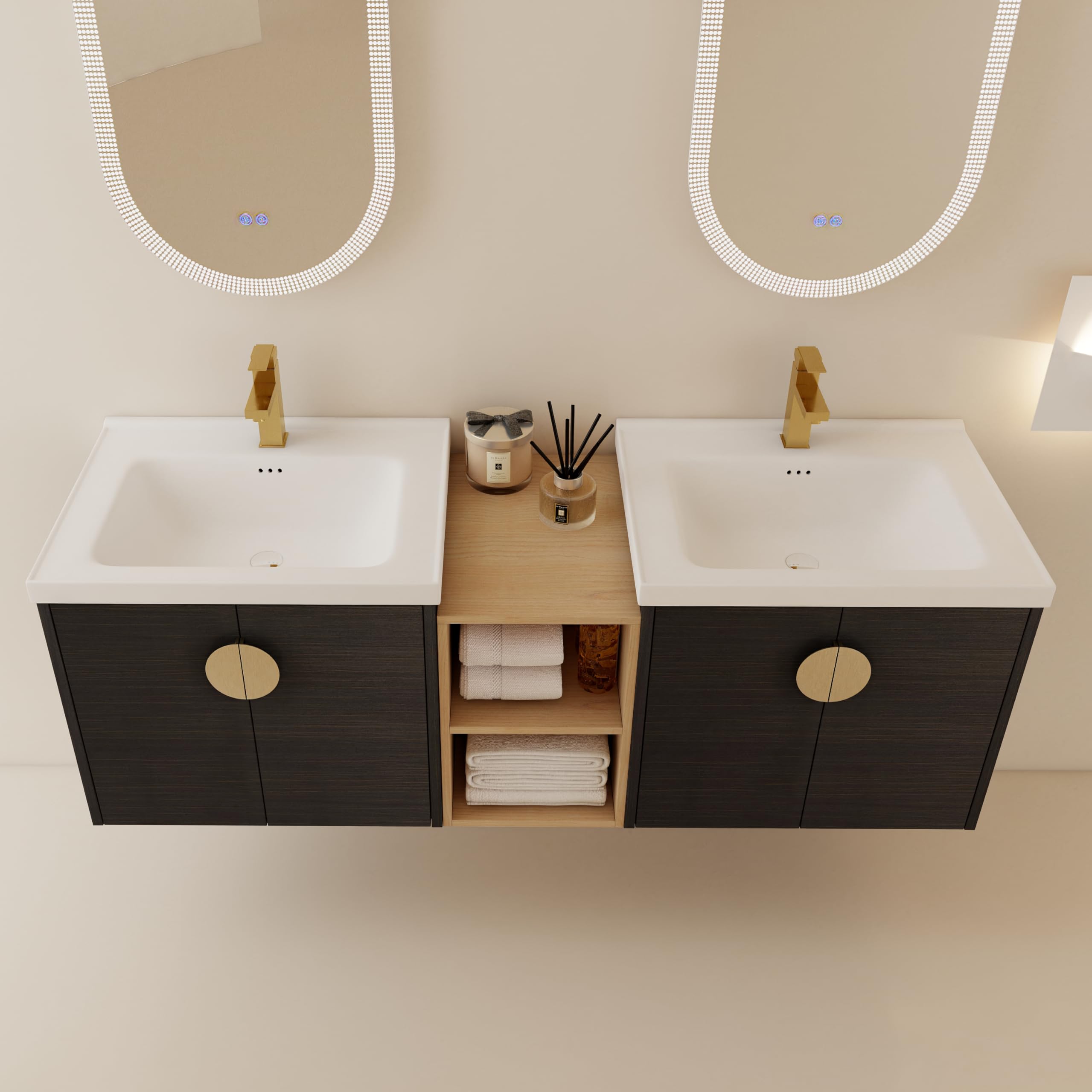 Modern 60-Inch Double Sink Floating Bathroom Vanity Set with Ceramic Sinks, Middle Storage Shelf & 2 Cabinets - Black Gold Finish | Perfect for Contemporary Bathrooms, Master Suites & Space-Saving Small Bathroom Designs