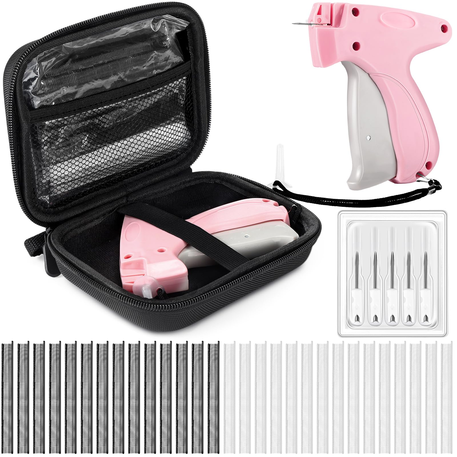 Lasnten 3007 Pcs Quick Clothing Fixer Kit with Fine Needle Stitch Gun - 5 Needles, 1500 Black & 1500 White Stitches - Sewing Hemming Gun for Home, Shops & Warehouse (Pink) - Perfect for Quick Repairs, DIY Projects & Emergency Clothing Fixes