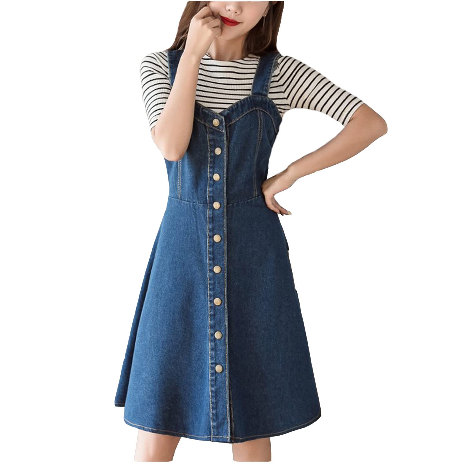 BONIXOOM Women's Casual Denim Dress - Summer Sleeveless Button Down Strap Dress for Vacation & Beach Wear | Comfortable Solid Blue Denim Outfit for Outdoor Activities, Date Night and Weekend Getaways