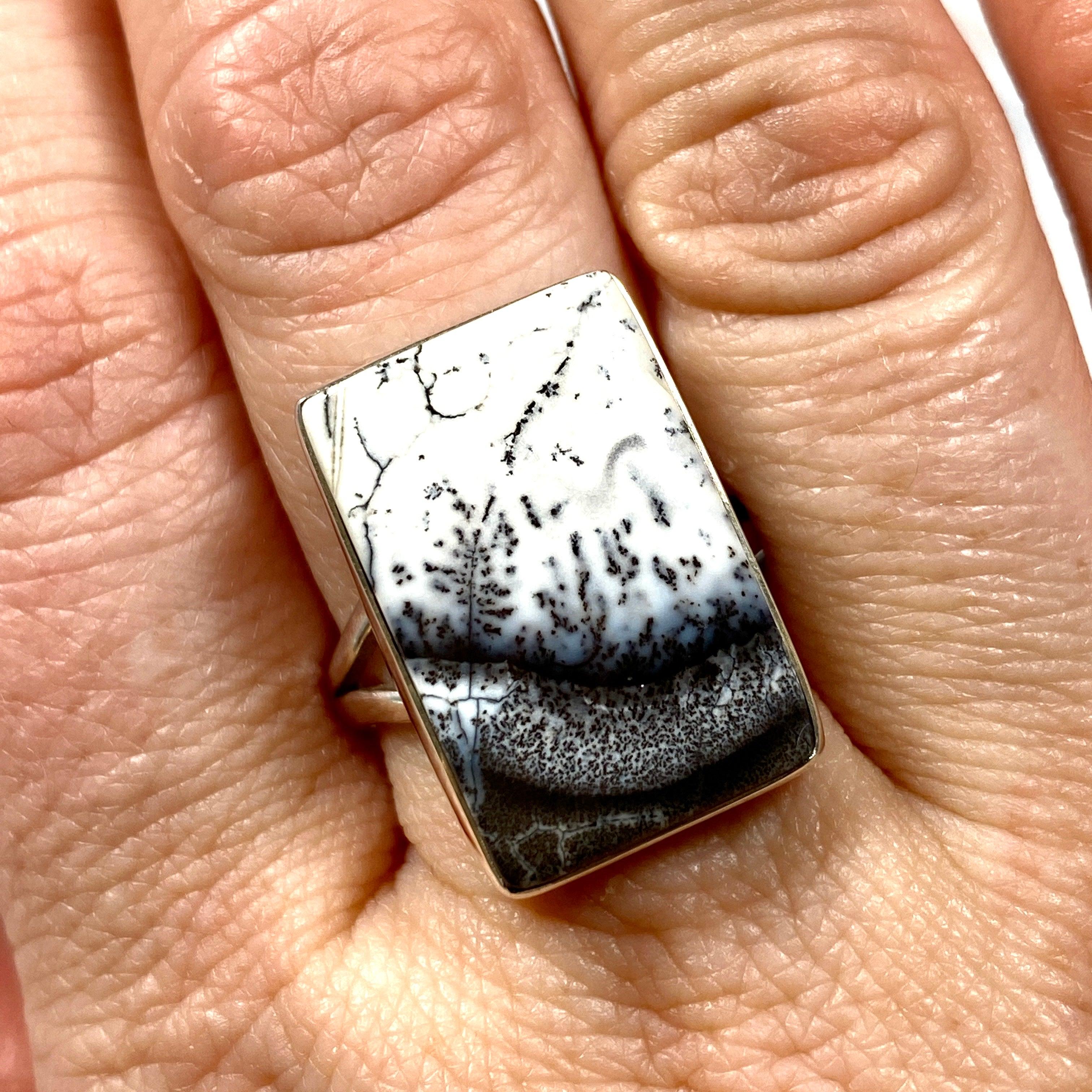 Dendritic Opal Rectangular Ring for Women - Size 10 - KRGJ2294 - Elegant Silver Jewelry for Everyday Wear, Special Occasions & Gift Giving