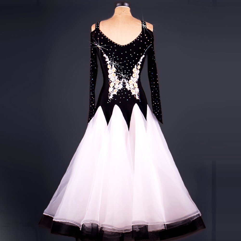 Elegant Women's Modern Waltz Tango Smooth Ballroom Dance Dress - Standard Competition Ballroom Gown (Size S) Black & White - Perfect for Dance Competitions, Performances & Social Dancing Events