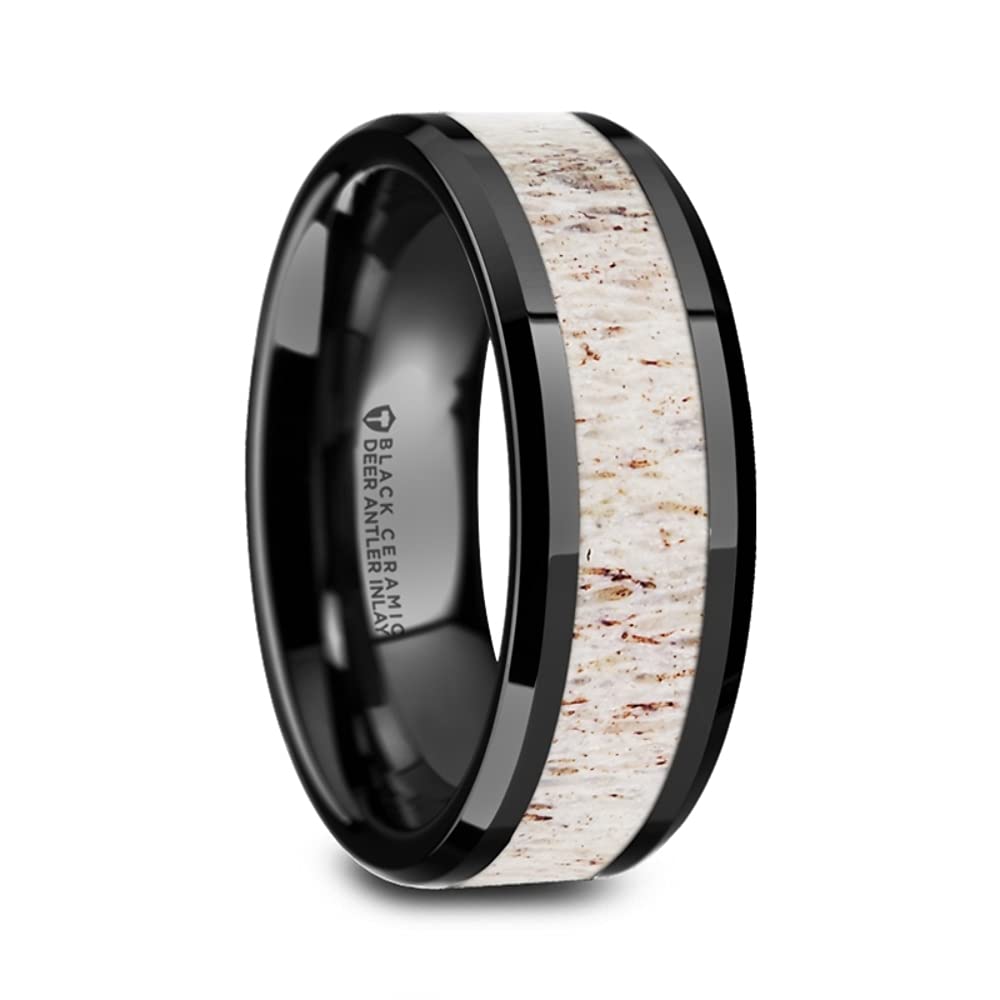 Men's Comfort Fit Black Ceramic Beveled Wedding Band with Off-White Antler Inlay - 8mm Wide Ring for Men - STAG Style - Perfect for Weddings, Anniversaries & Everyday Wear
