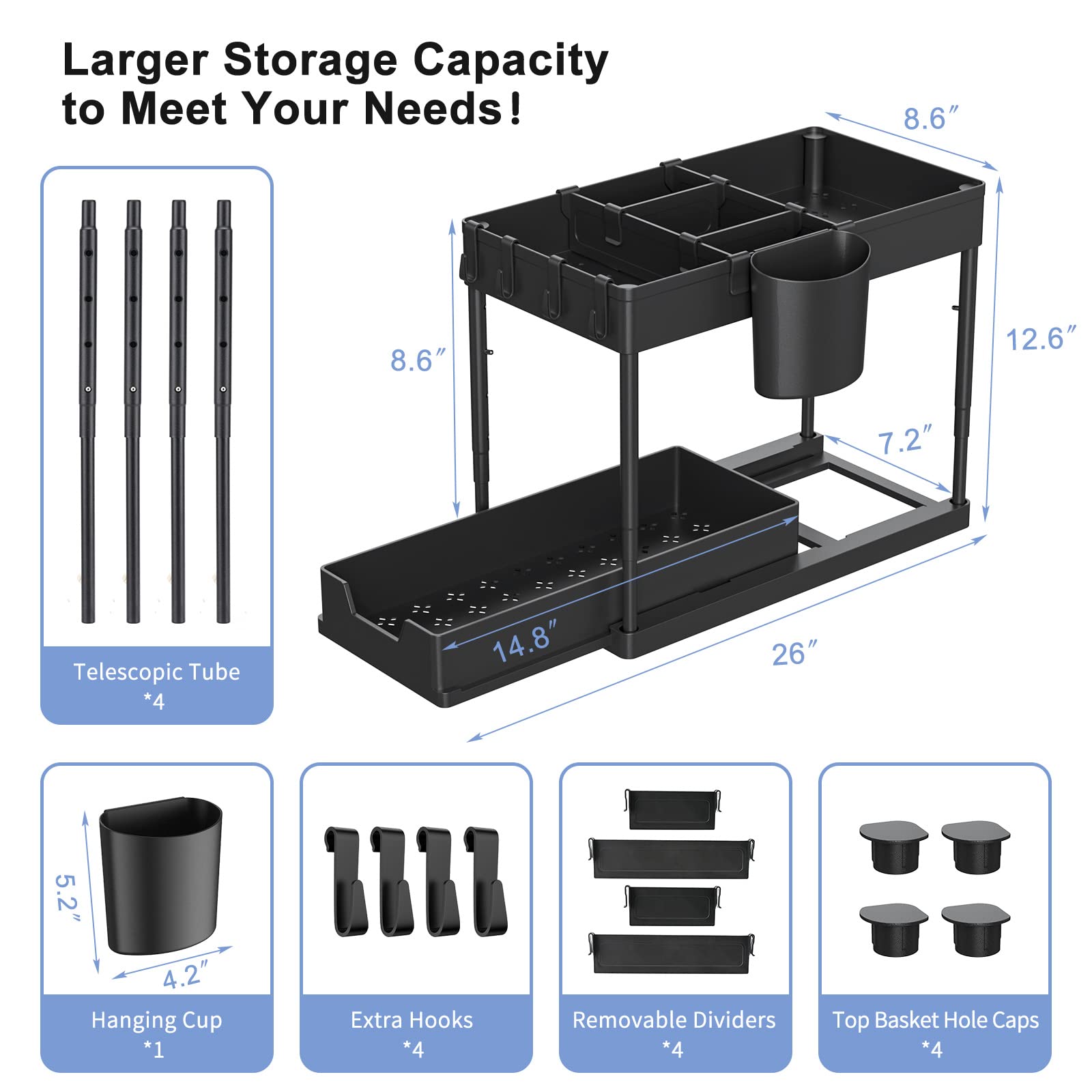2-Tier Under Sink Organizer with Adjustable Height - Black Bathroom & Kitchen Storage Cabinet with 4 Removable Dividers, 4 Hooks & Cup - Perfect for Maximizing Under-Sink Space in Bathrooms, Kitchens & Laundry Rooms
