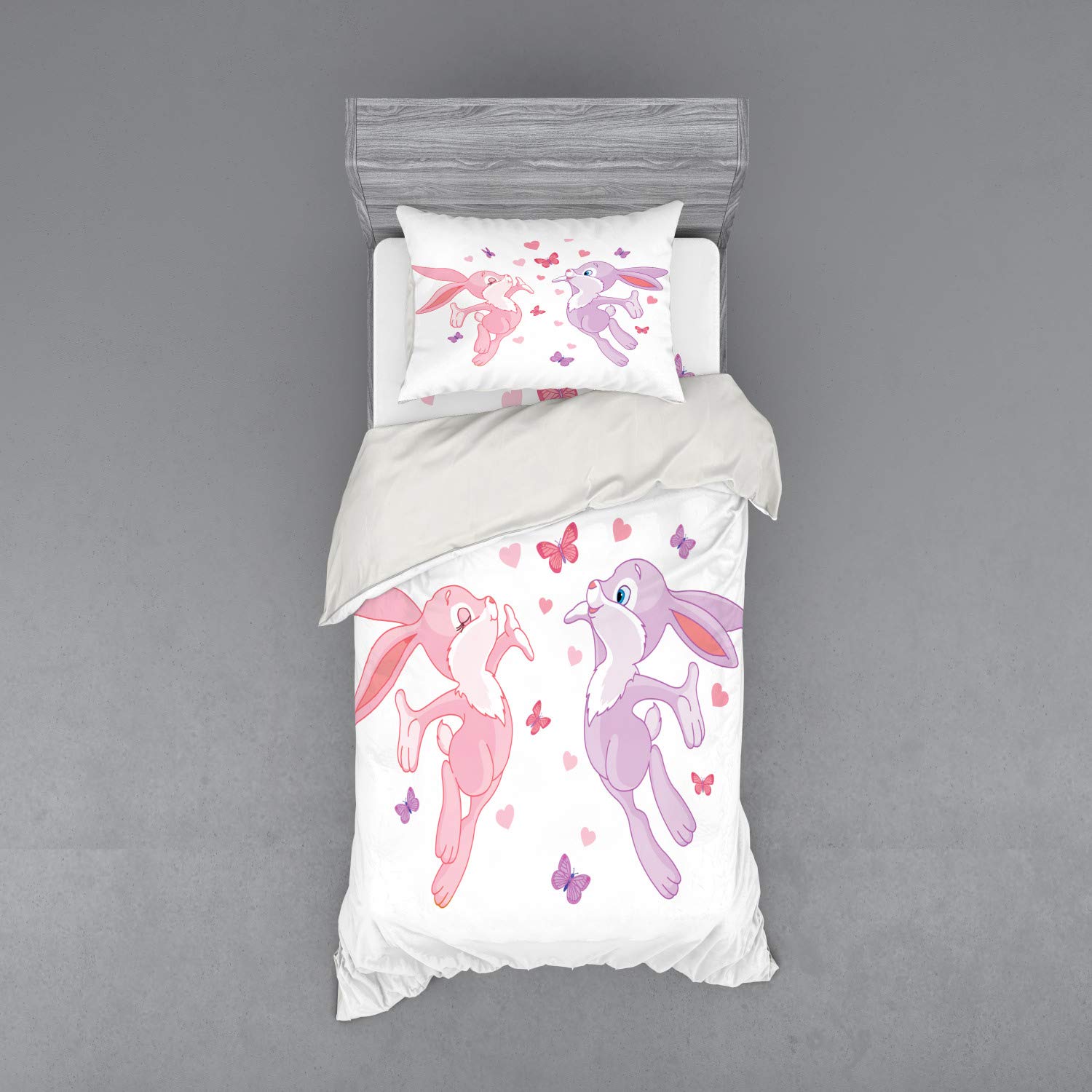 Ambesonne 3-Piece Butterfly & Valentine Bunnies Duvet Cover Set - Twin Size Pink Purple Floral Bedding with Sham & Fitted Sheet | Romantic Bedroom Decor for Couples, Girls' Room, Valentine's Day Gift