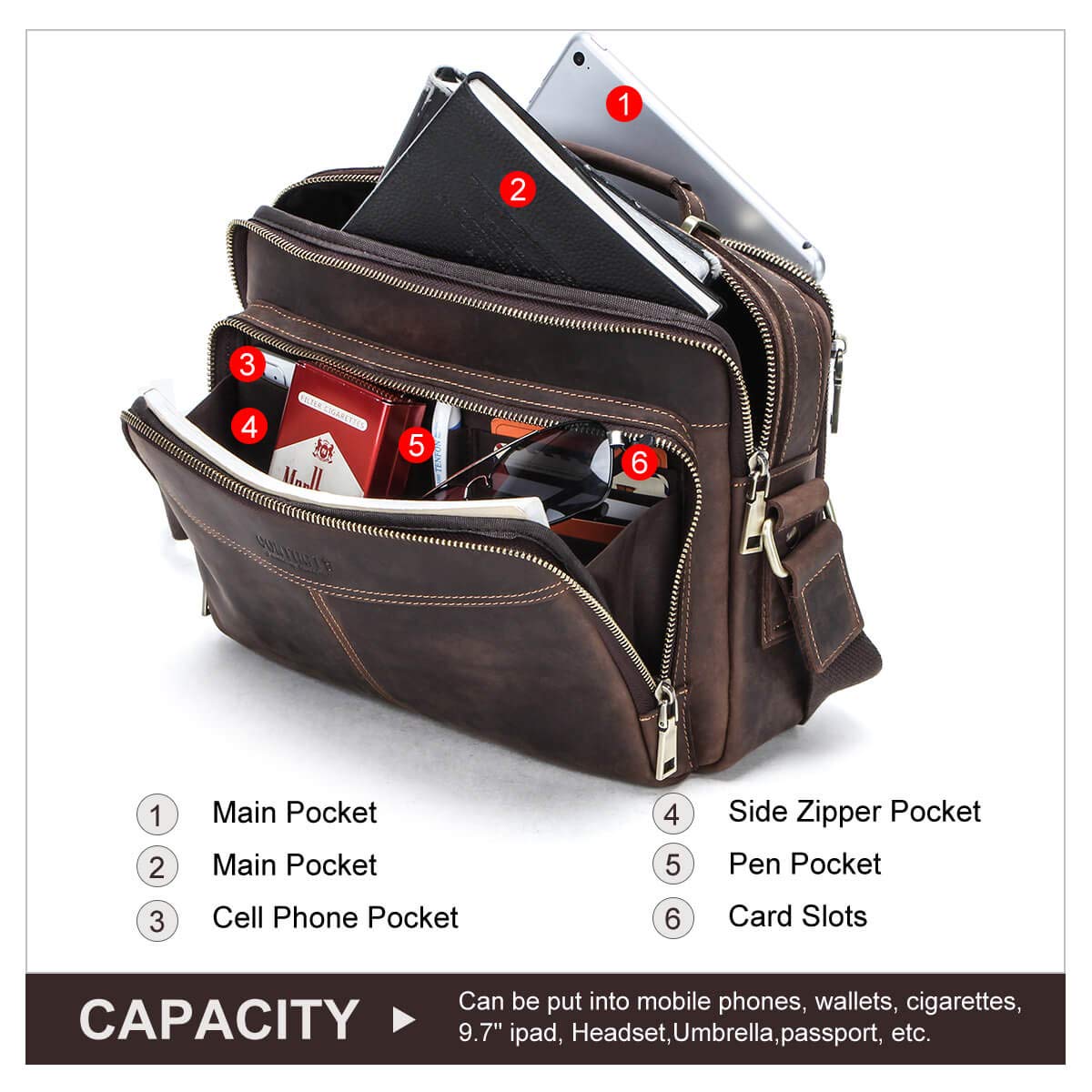 Premium Hiram Men's Briefcase - Genuine Crazy Horse Leather Messenger Bag for 9.7