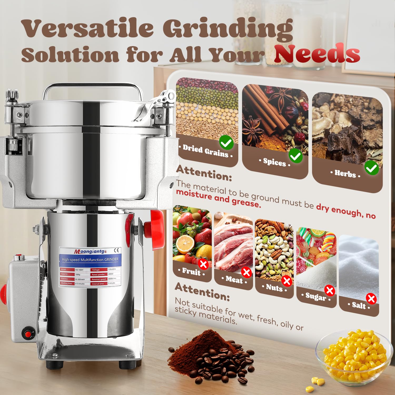 Moongiantgo 2500g Commercial Grain Mill Grinder - 3600W Electric Spice Grinder, Stainless Steel Dry Grinding Machine for Wheat, Corn, Rice, Pepper, Herbs & Coffee Beans (110V) - Perfect for Bakeries, Restaurants & Home Kitchens