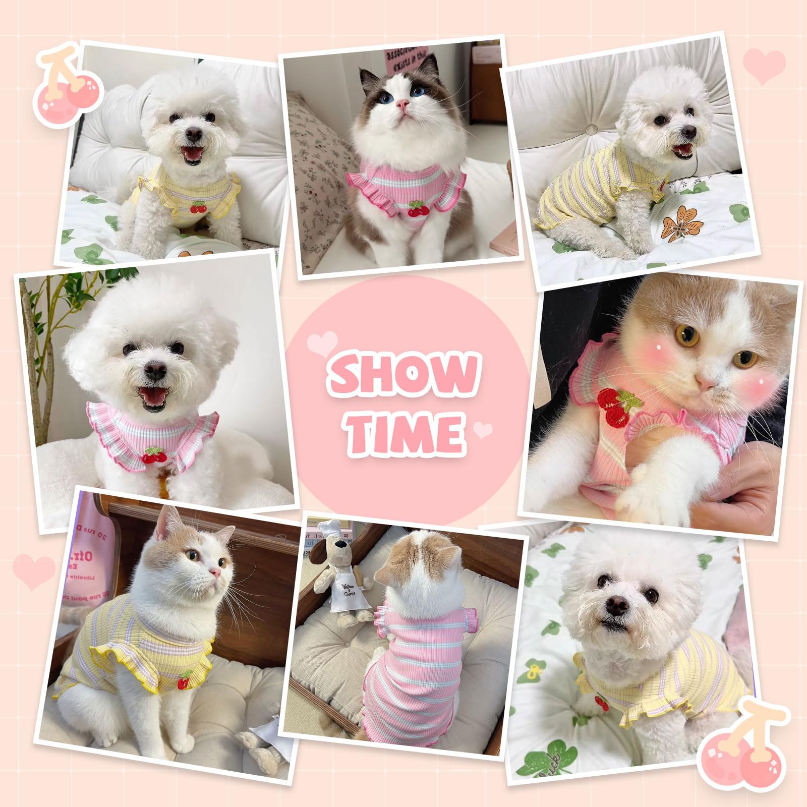 2 Pack Striped Small Dog T-Shirts - Cute Cherry Girl Pet Clothes for Small Dogs & Cats, Breathable Soft Cotton Sleeveless Vest, Spring Summer Puppy Outfits (Pink + Yellow, Medium) - Perfect for Daily Walks, Pet Parties & Photo Shoots