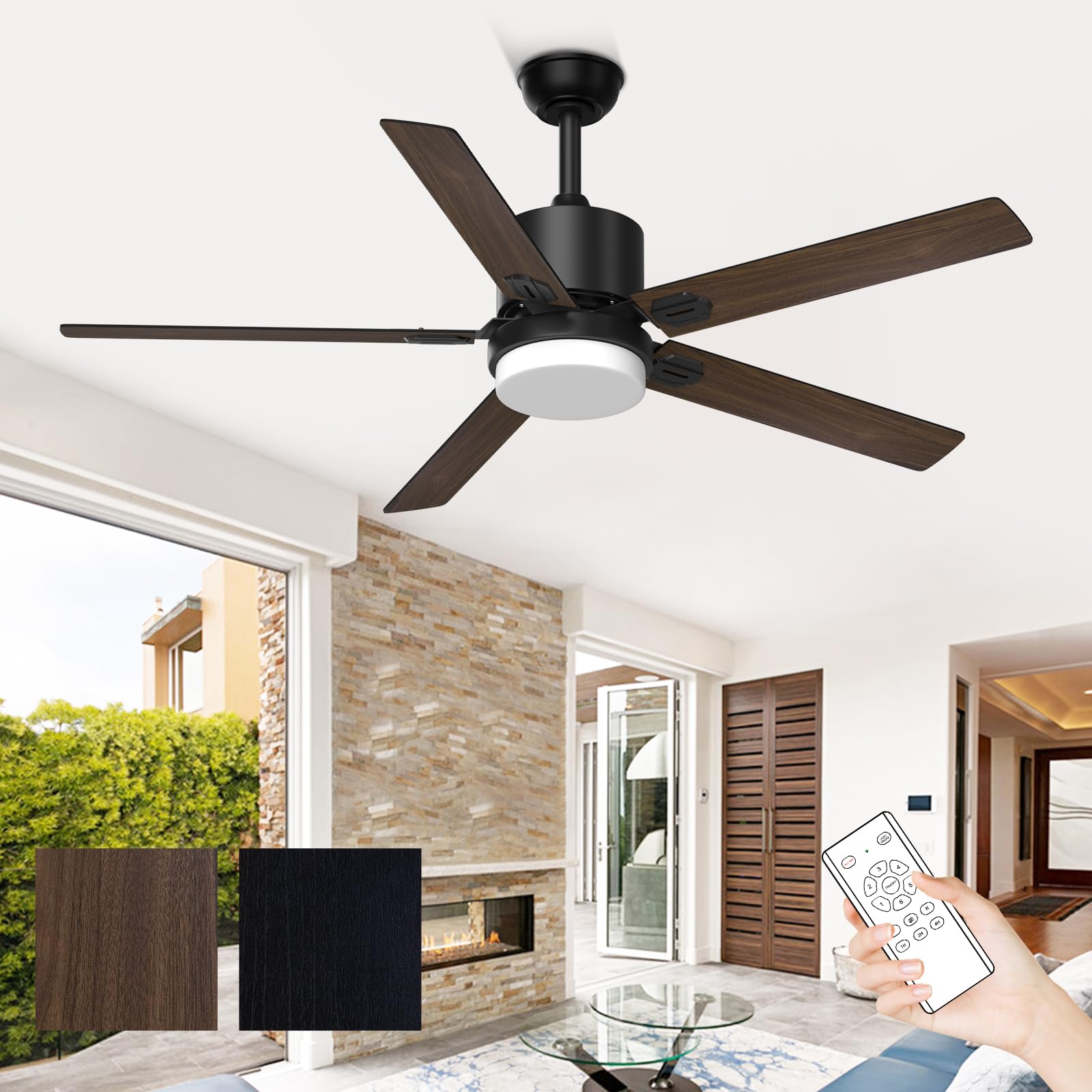 52-inch Obabala Ceiling Fan with Light Kit & Remote Control - Indoor/Outoor Matte Black 5-Blade Fan for Living Room, Bedroom, Patio & Covered Porch