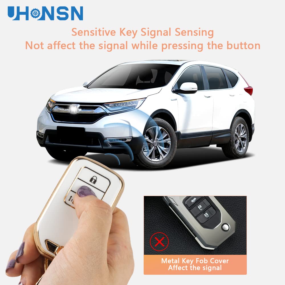 UHONSN Soft TPU Key Fob Cover for Honda Accord Civic CRV Odyssey Pilot - Cute White & Gold Car Key Protector Case Shell with Chain | Durable Accessories for Everyday Use & Gift Giving