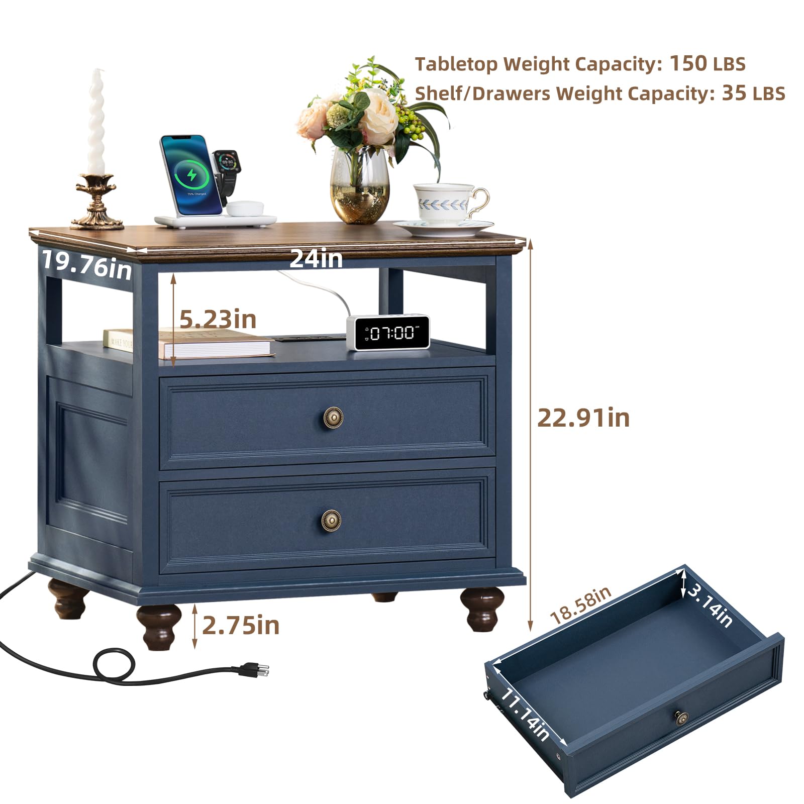 Farmhouse Style Nightstand Set of 2 with Charging Station & 7-Drawer Wood Dresser - 54