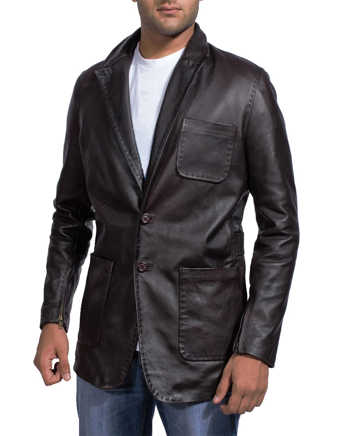 Premium Men's Black Leather Blazer with Wine Button Down & Notch Collar - The Jacket Maker | Stylish Formal Wear for Business, Weddings & Evening Events