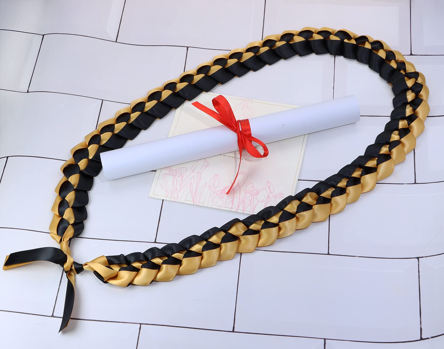 2023 Graduation Lei Penta Angel Braided Ribbon Lei Honor Cord - High School & College Graduation Gift, Party Decoration (Black & Gold) - Perfect for Commencement Ceremonies, Grad Parties & Photo Props